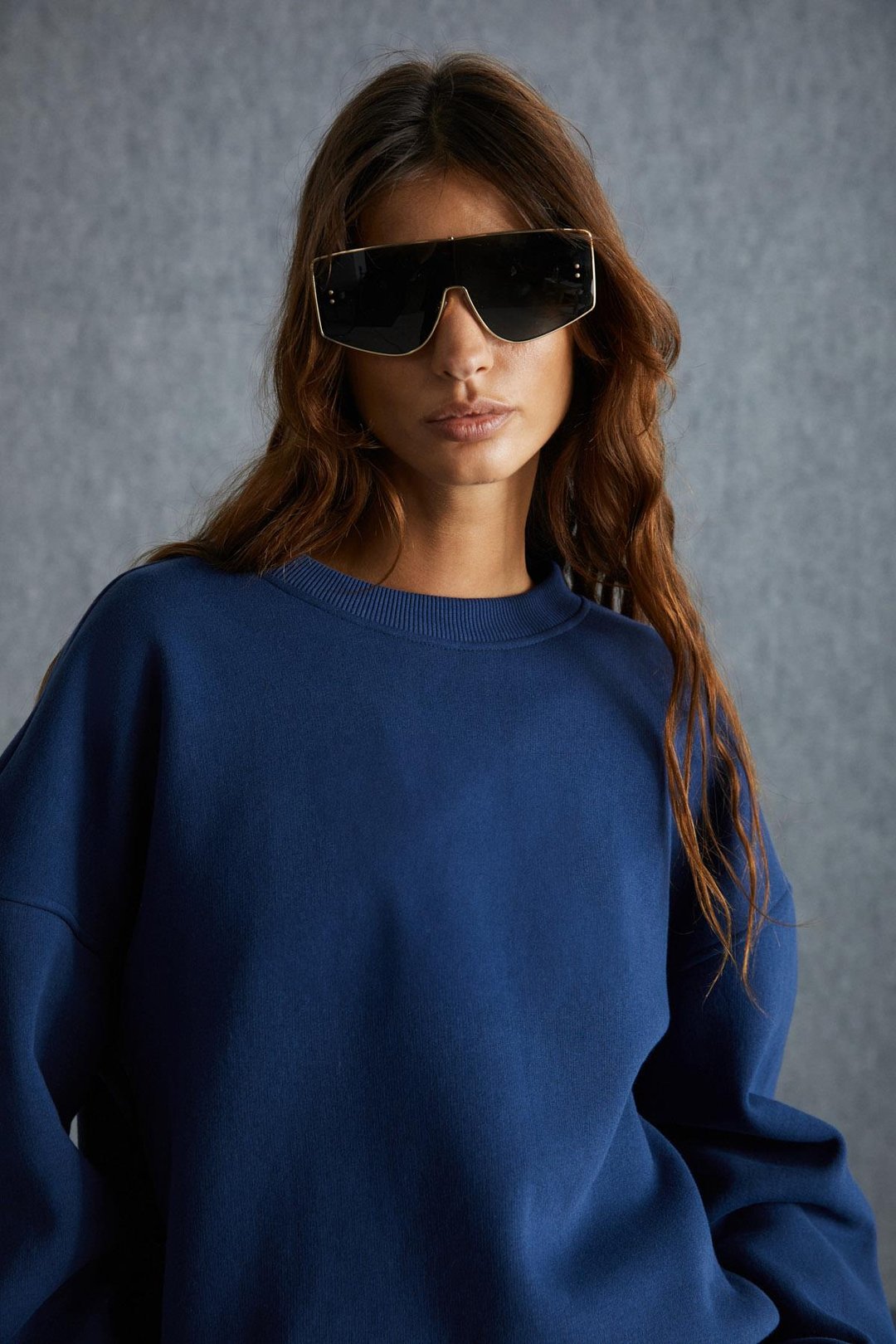 VANELTINA Kadın İçi Polarlı 3 İplik Organik Pamuk Oversize Basic Bisiklet Yaka Lacivert Sweatshirt