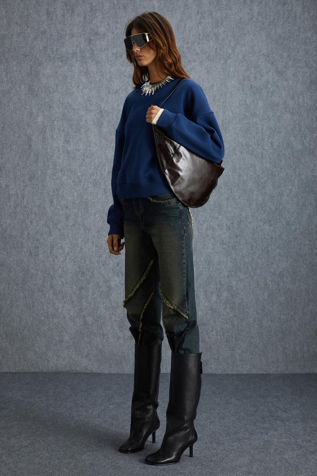 VANELTINA Kadın İçi Polarlı 3 İplik Organik Pamuk Oversize Basic Bisiklet Yaka Lacivert Sweatshirt