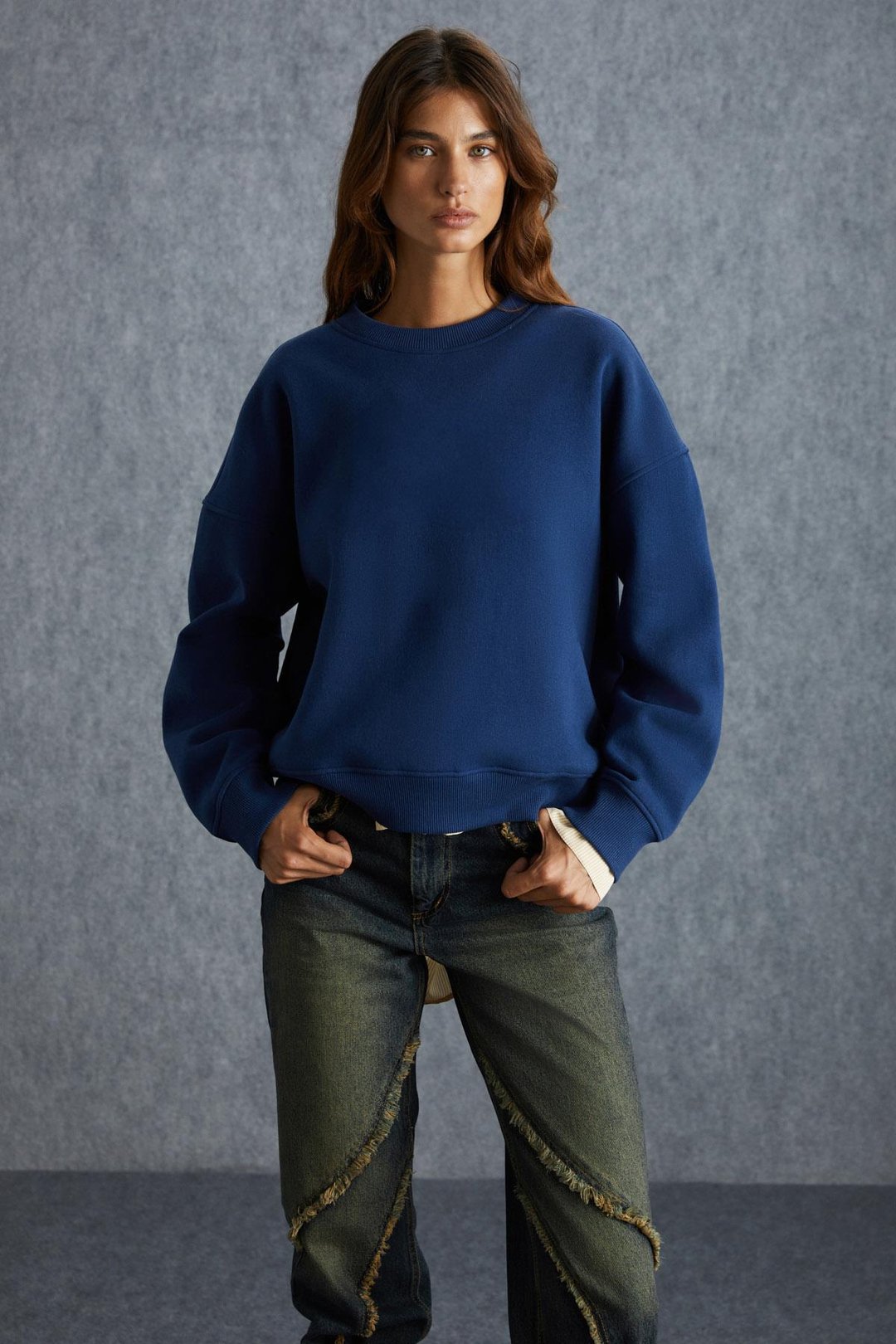 VANELTINA Kadın İçi Polarlı 3 İplik Organik Pamuk Oversize Basic Bisiklet Yaka Lacivert Sweatshirt