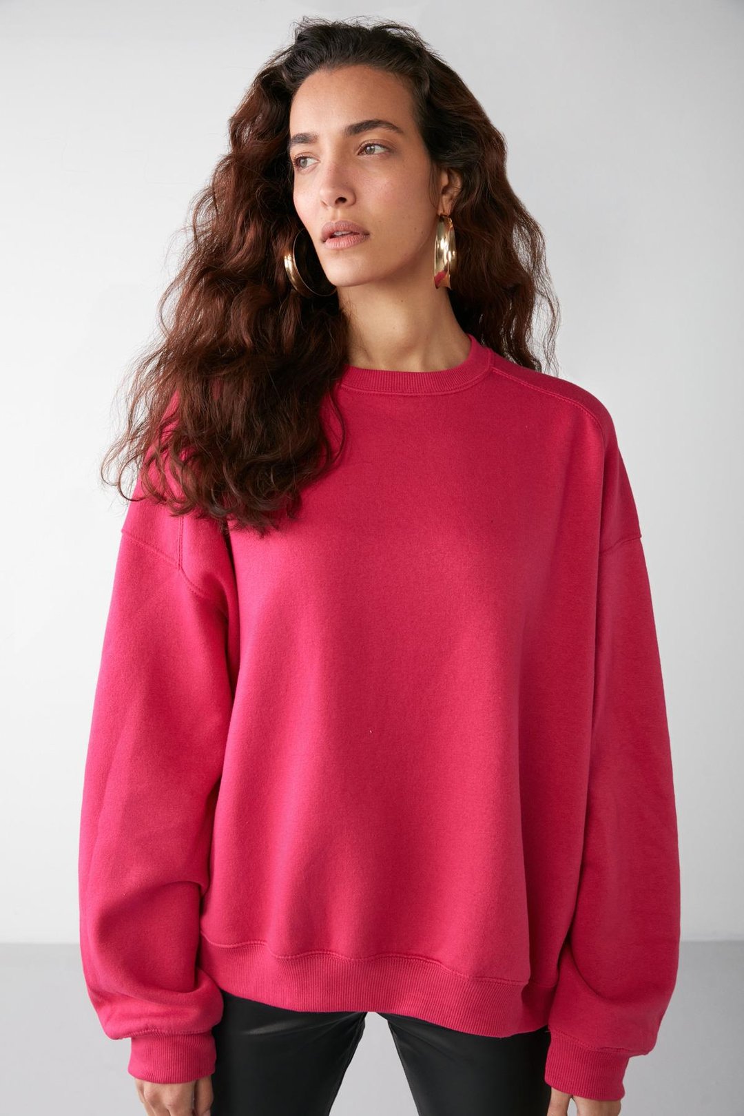 VANELTINA Kadın İçi Polarlı 3 İplik Organik Pamuk Oversize Basic Bisiklet Yaka Pembe Sweatshirt