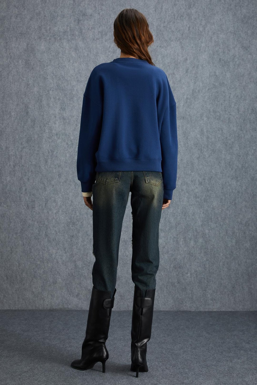 VANELTINA Kadın İçi Polarlı 3 İplik Organik Pamuk Oversize Basic Bisiklet Yaka Lacivert Sweatshirt