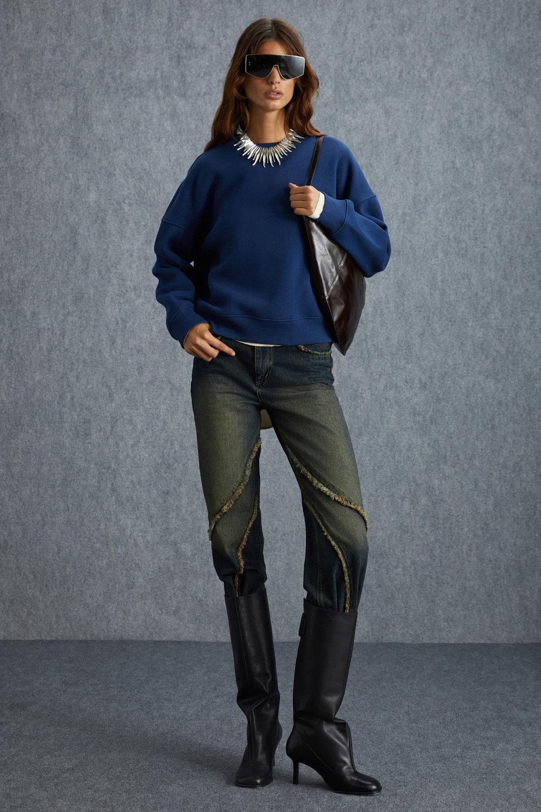 VANELTINA Kadın İçi Polarlı 3 İplik Organik Pamuk Oversize Basic Bisiklet Yaka Lacivert Sweatshirt