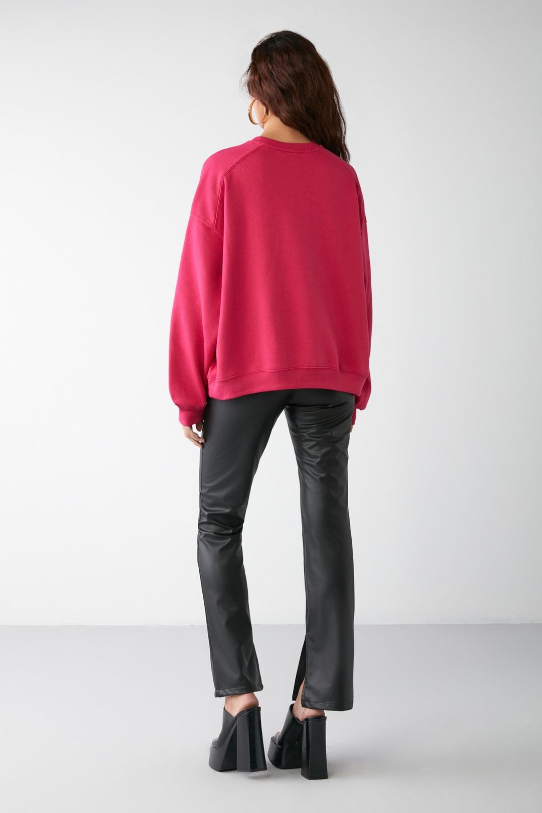 VANELTINA Kadın İçi Polarlı 3 İplik Organik Pamuk Oversize Basic Bisiklet Yaka Pembe Sweatshirt