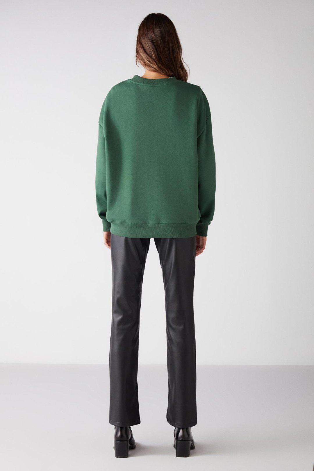 VANELTINA Kadın İçi Polarlı 3 İplik Organik Pamuk Oversize Basic Bisiklet Yaka Yeşil Sweatshirt