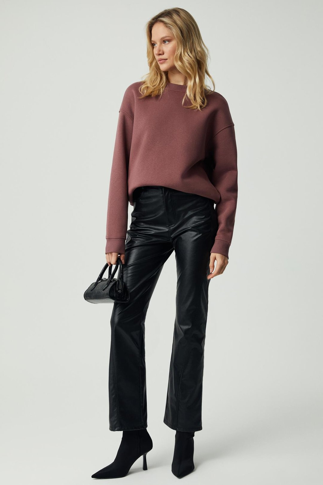 VANELTINA Kadın Organik Pamuklu Yumuşacık İçi Polarlı Yuvarlak yakalı Mürdüm Sweatshirt