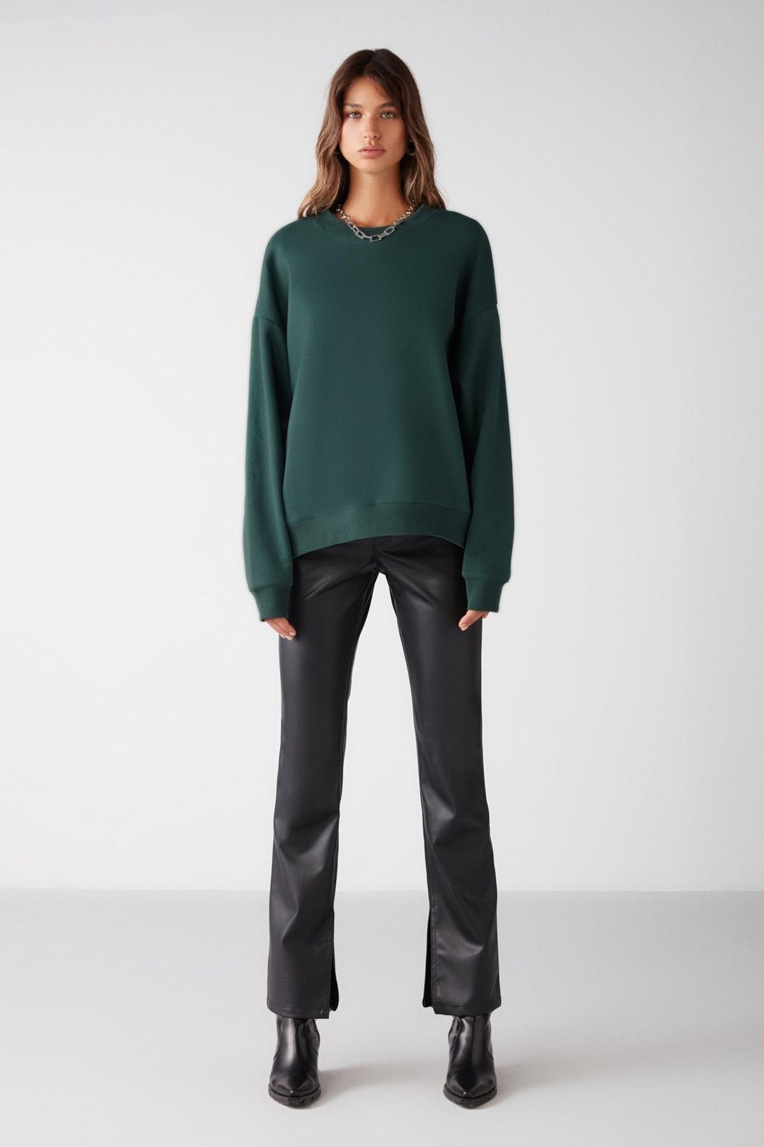 VANELTINA Relaxed Oversize Koyu Yeşil Tekli Sweatshirt
