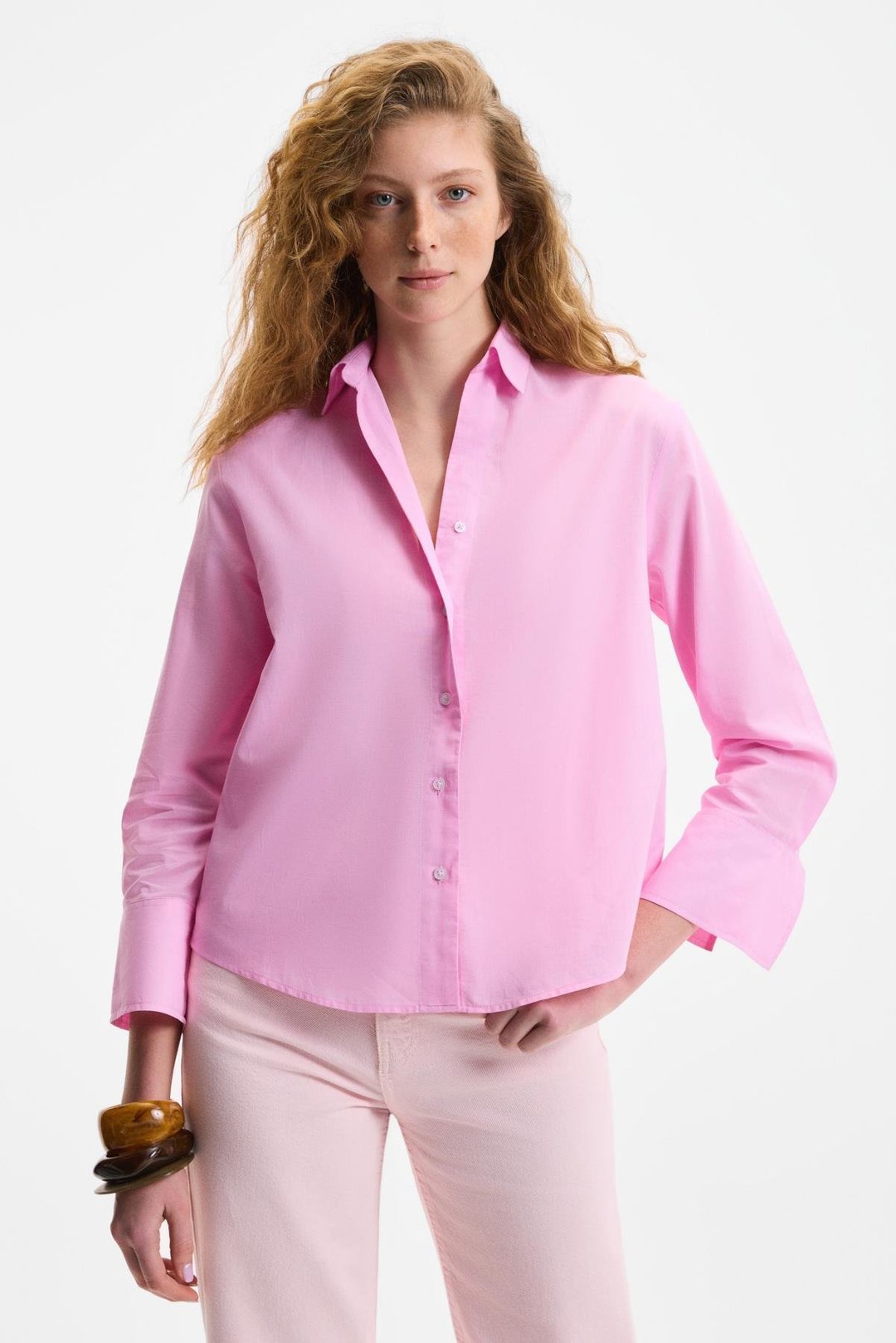VARAZDIN Kadın Oversize Uzun Kollu %100 Pamuk Gömlek Yaka Uzun İnce Pembe Gömlek