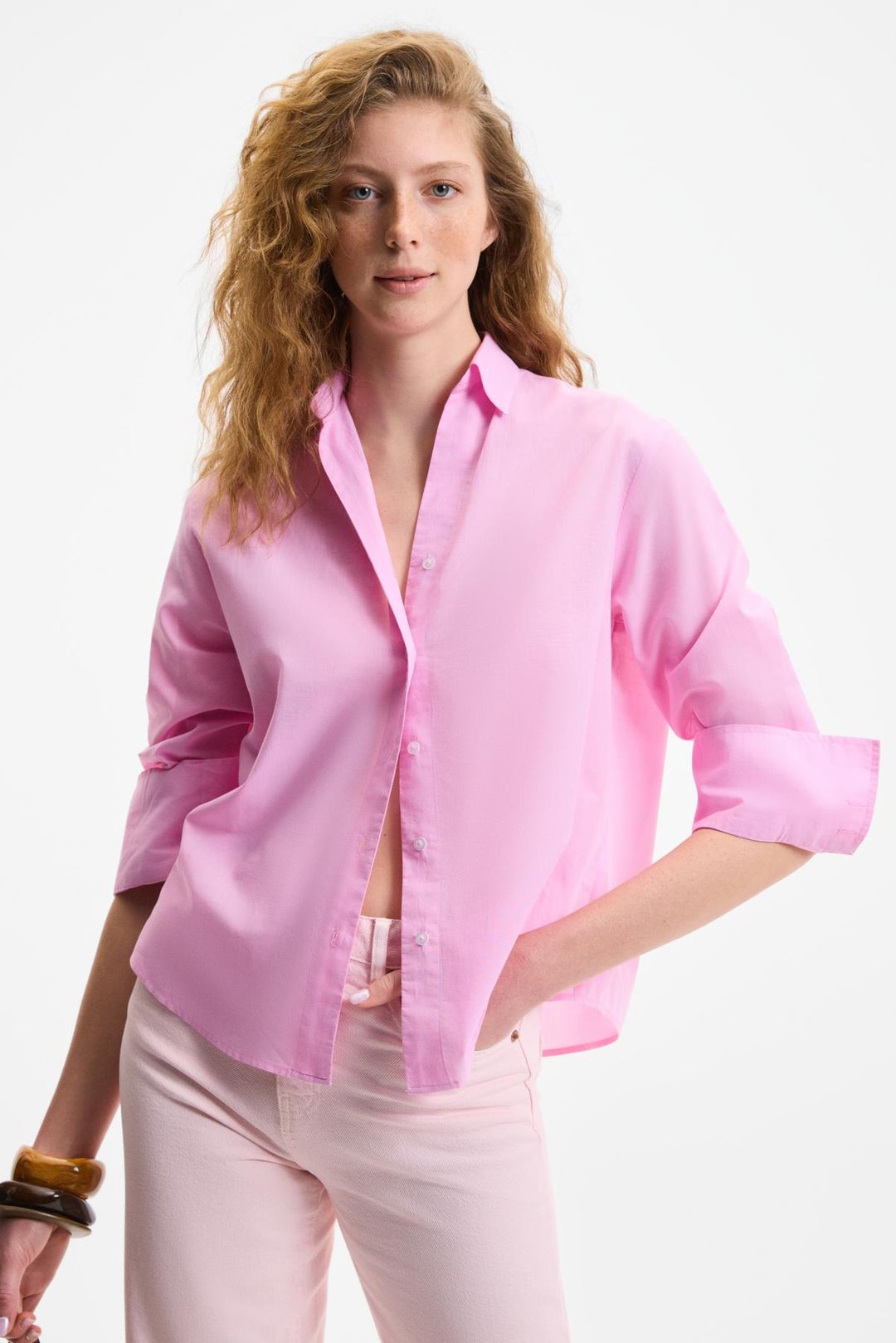 VARAZDIN Kadın Oversize Uzun Kollu %100 Pamuk Gömlek Yaka Uzun İnce Pembe Gömlek