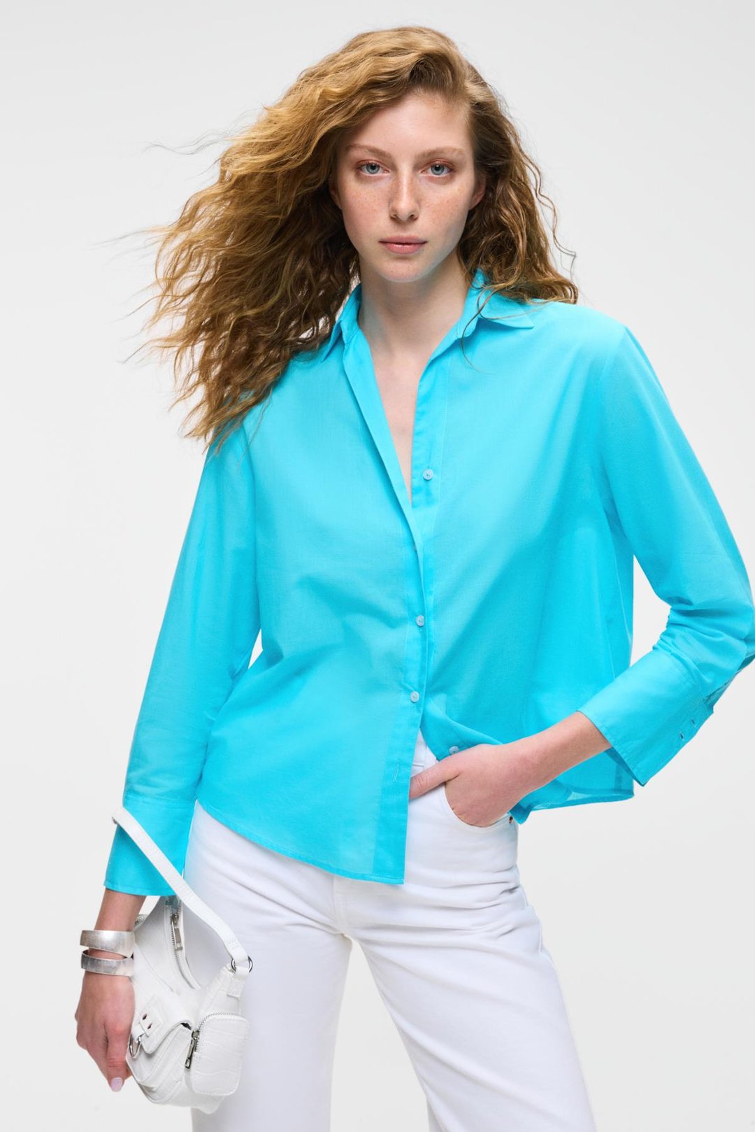 VARAZDIN Kadın Oversize Uzun Kollu %100 Pamuk Gömlek Yaka Uzun İnce Mavi Gömlek