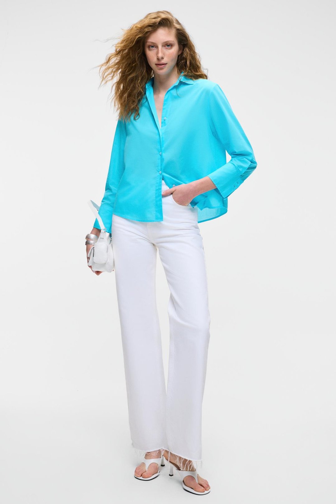 VARAZDIN Kadın Oversize Uzun Kollu %100 Pamuk Gömlek Yaka Uzun İnce Mavi Gömlek