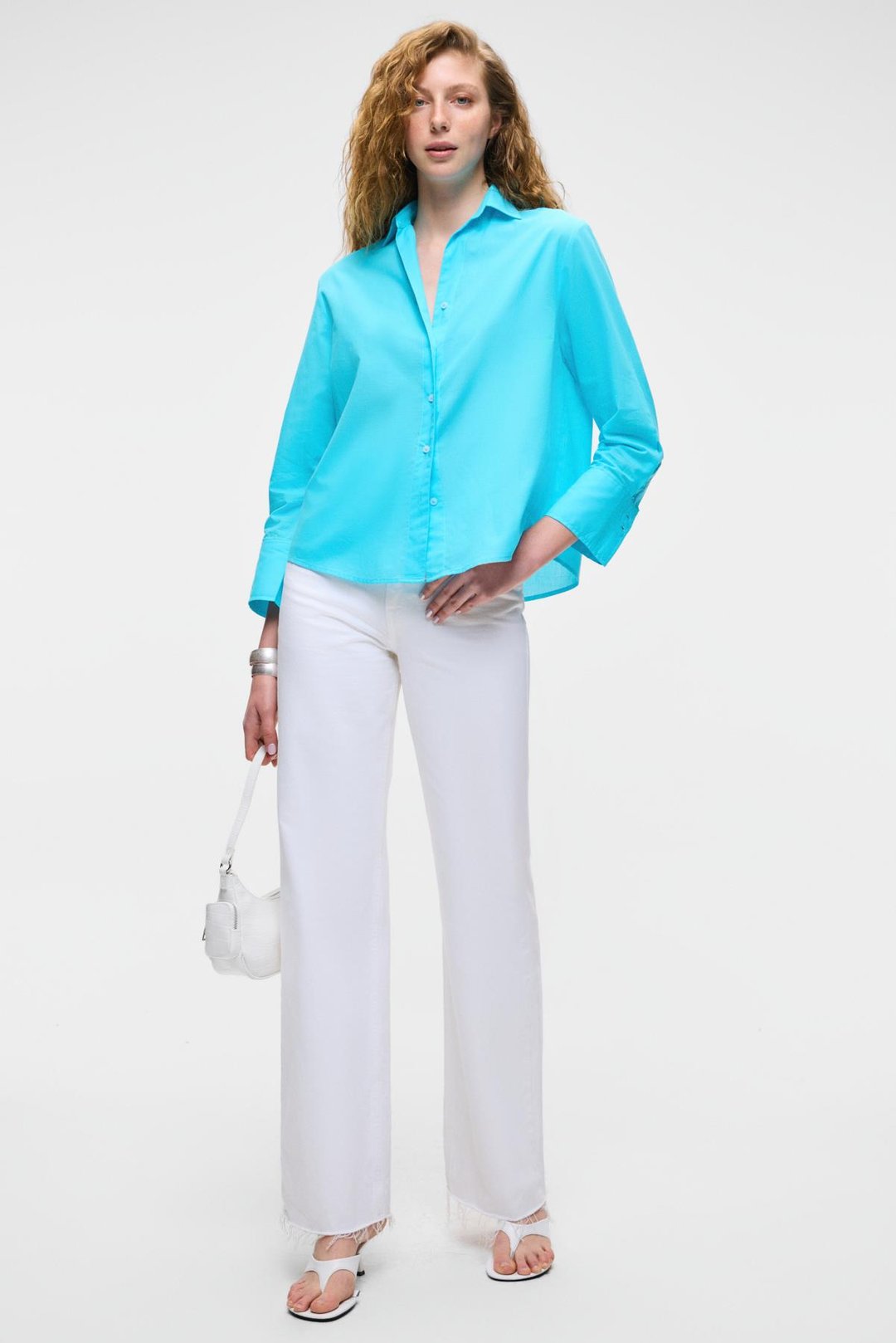 VARAZDIN Kadın Oversize Uzun Kollu %100 Pamuk Gömlek Yaka Uzun İnce Mavi Gömlek