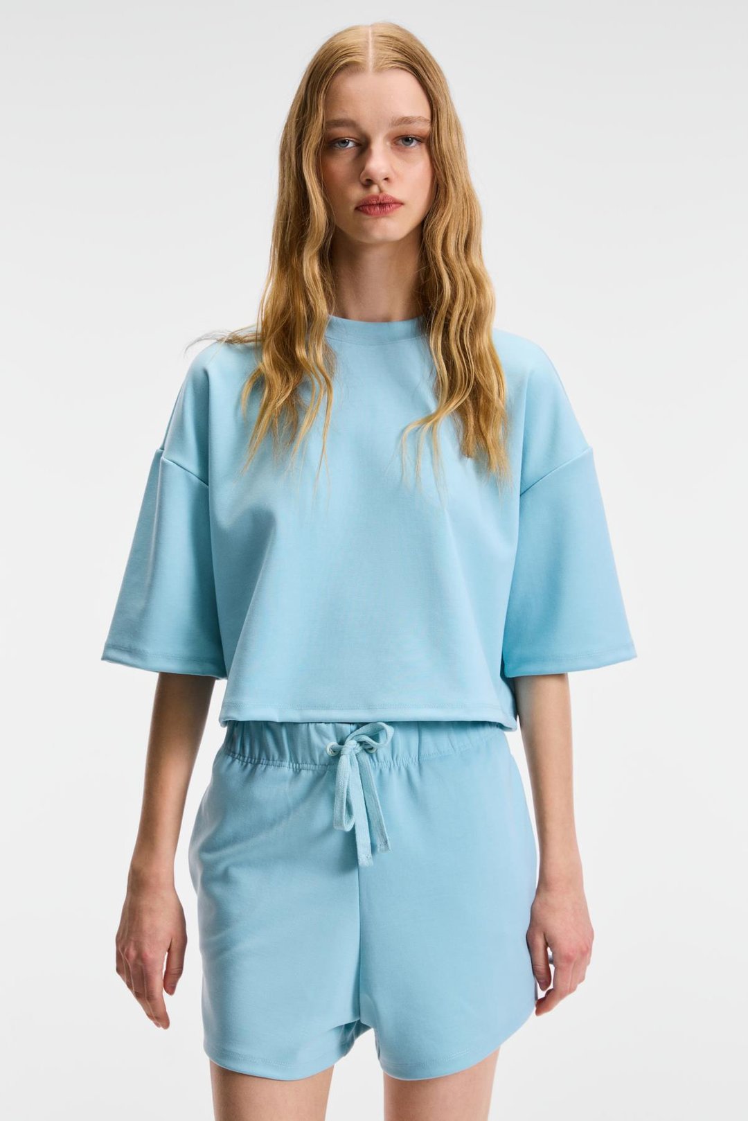 VELA Kadın Esnek Kumaşlı Bisiklet Yaka Oversize Fit Mavi T-Shirt