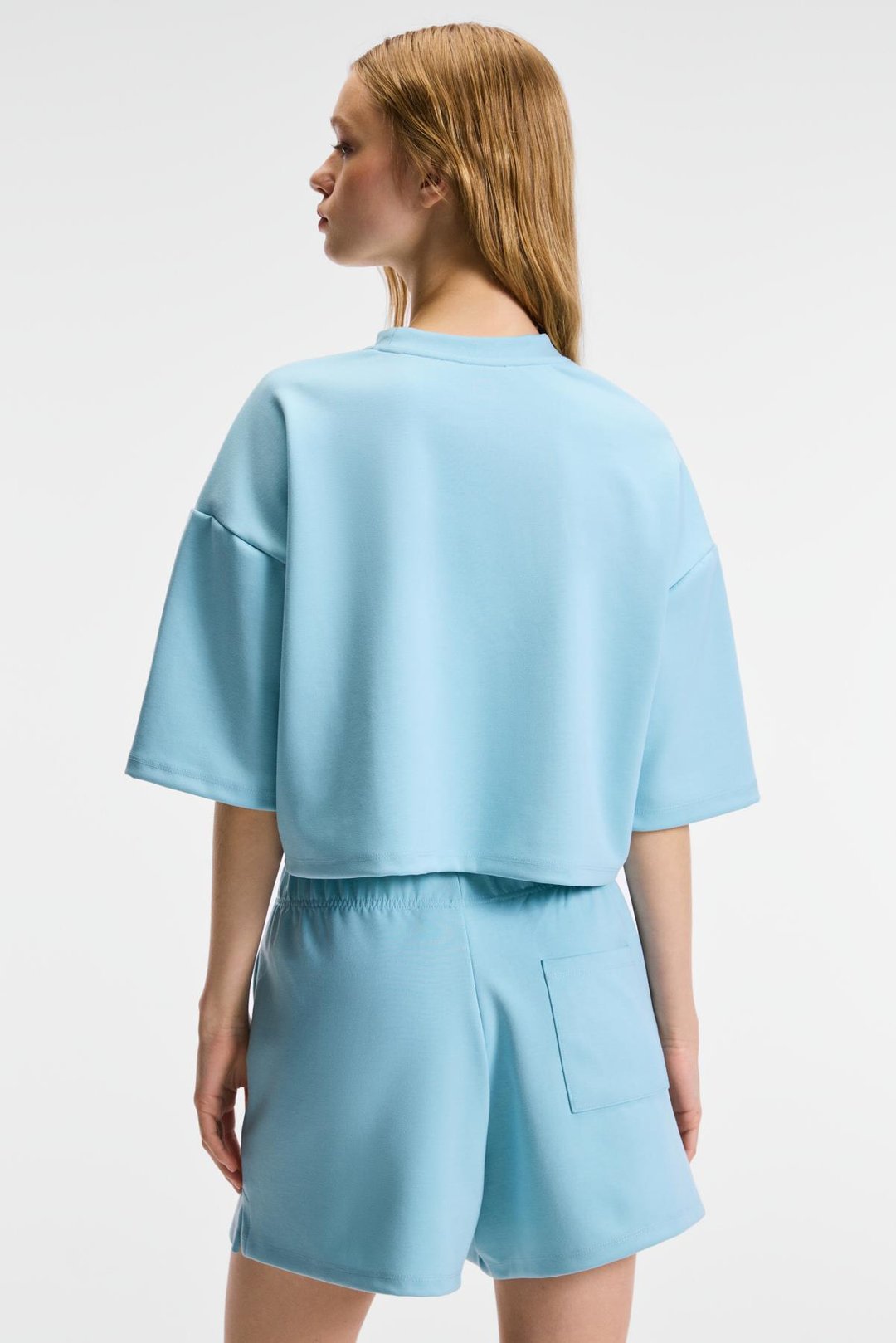 VELA Kadın Esnek Kumaşlı Bisiklet Yaka Oversize Fit Mavi T-Shirt