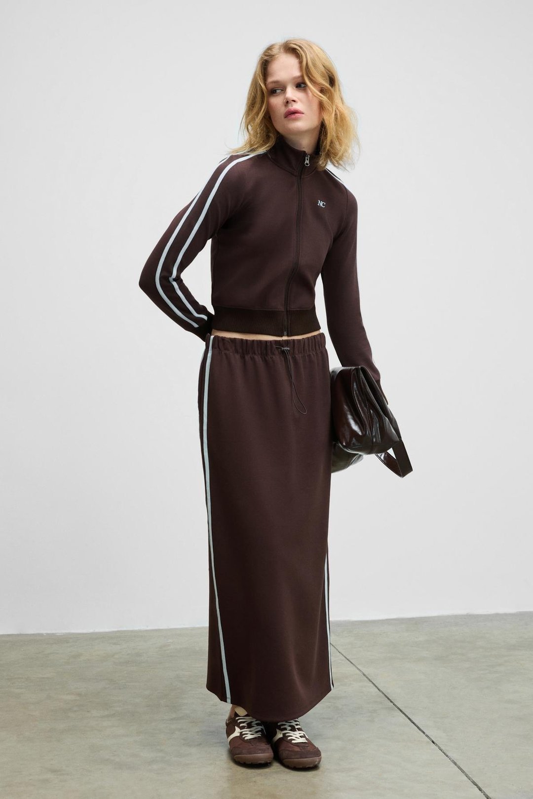 VERALIA Kadın Yanları Kontrast Renk Panelli Regular Fit Kahverengi Etek