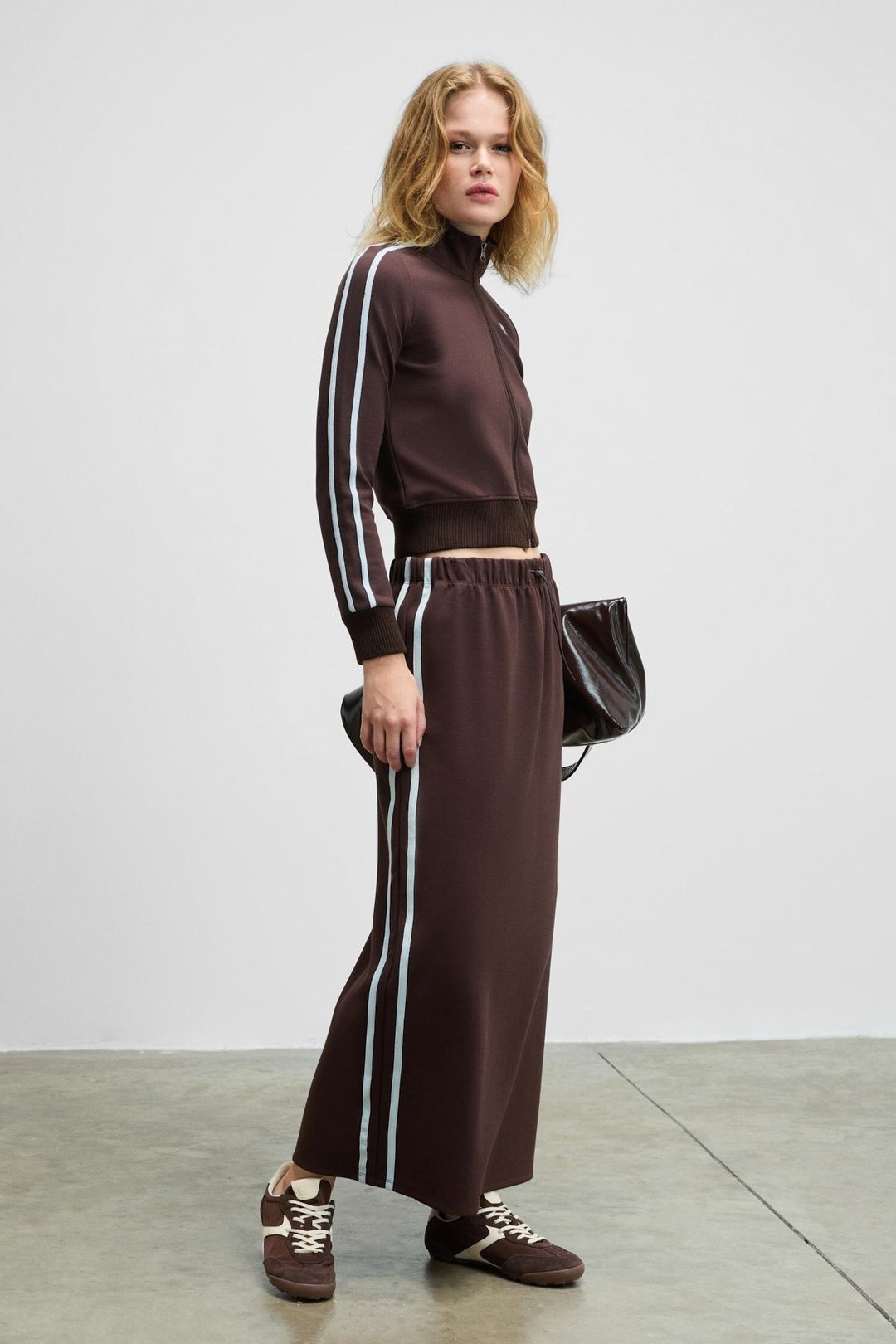 VERALIA Kadın Yanları Kontrast Renk Panelli Regular Fit Kahverengi Etek