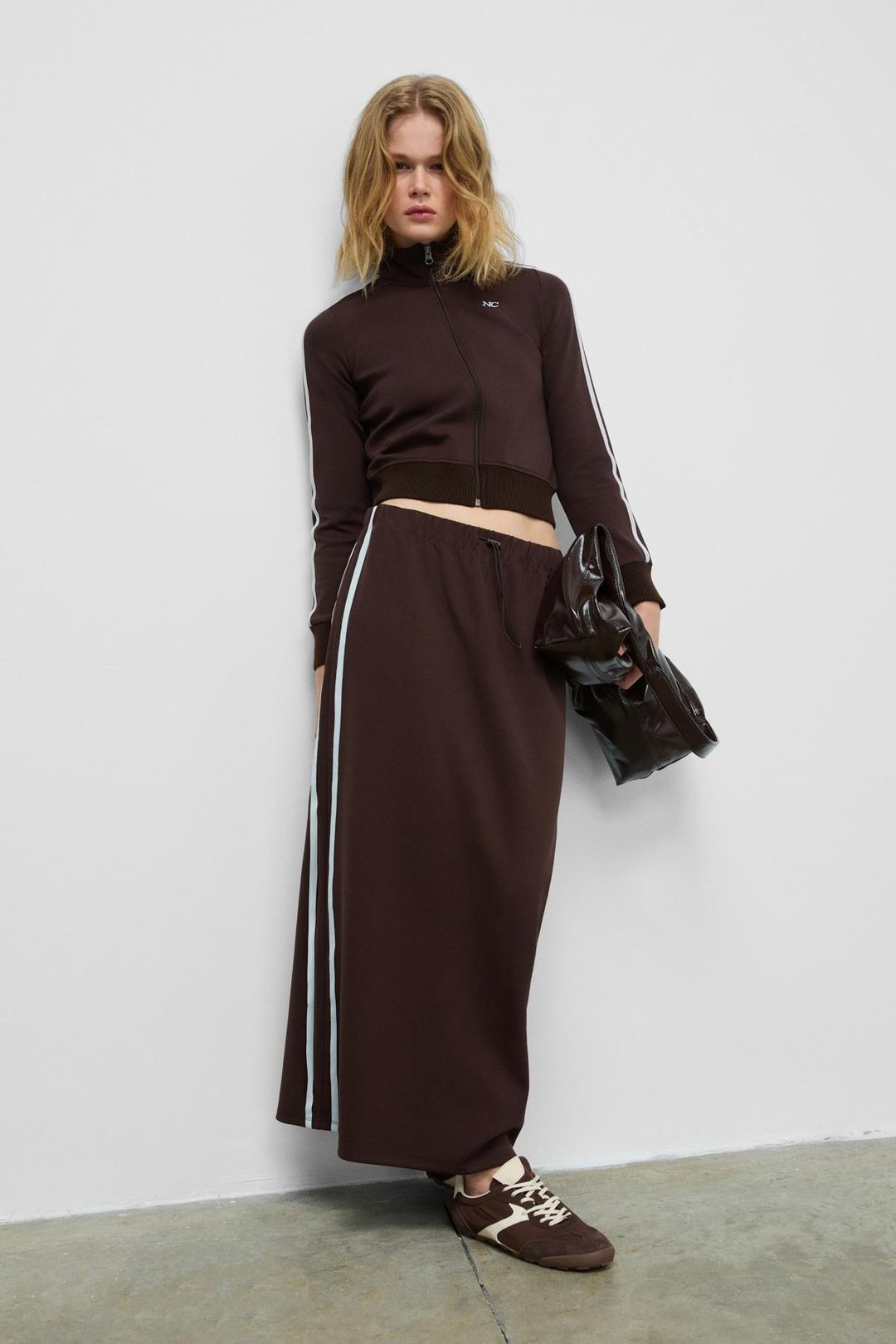 VERALIA Kadın Yanları Kontrast Renk Panelli Regular Fit Kahverengi Etek