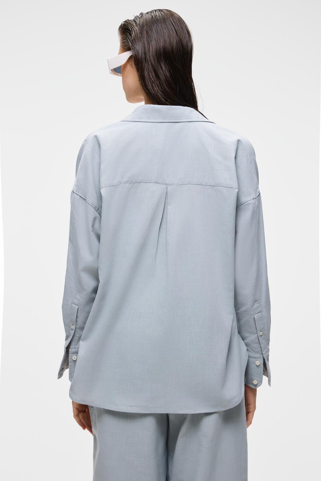 VESTA Kadın %100 Pamuk Keten Görünümlü Flamlı Oversize Gri Gömlek