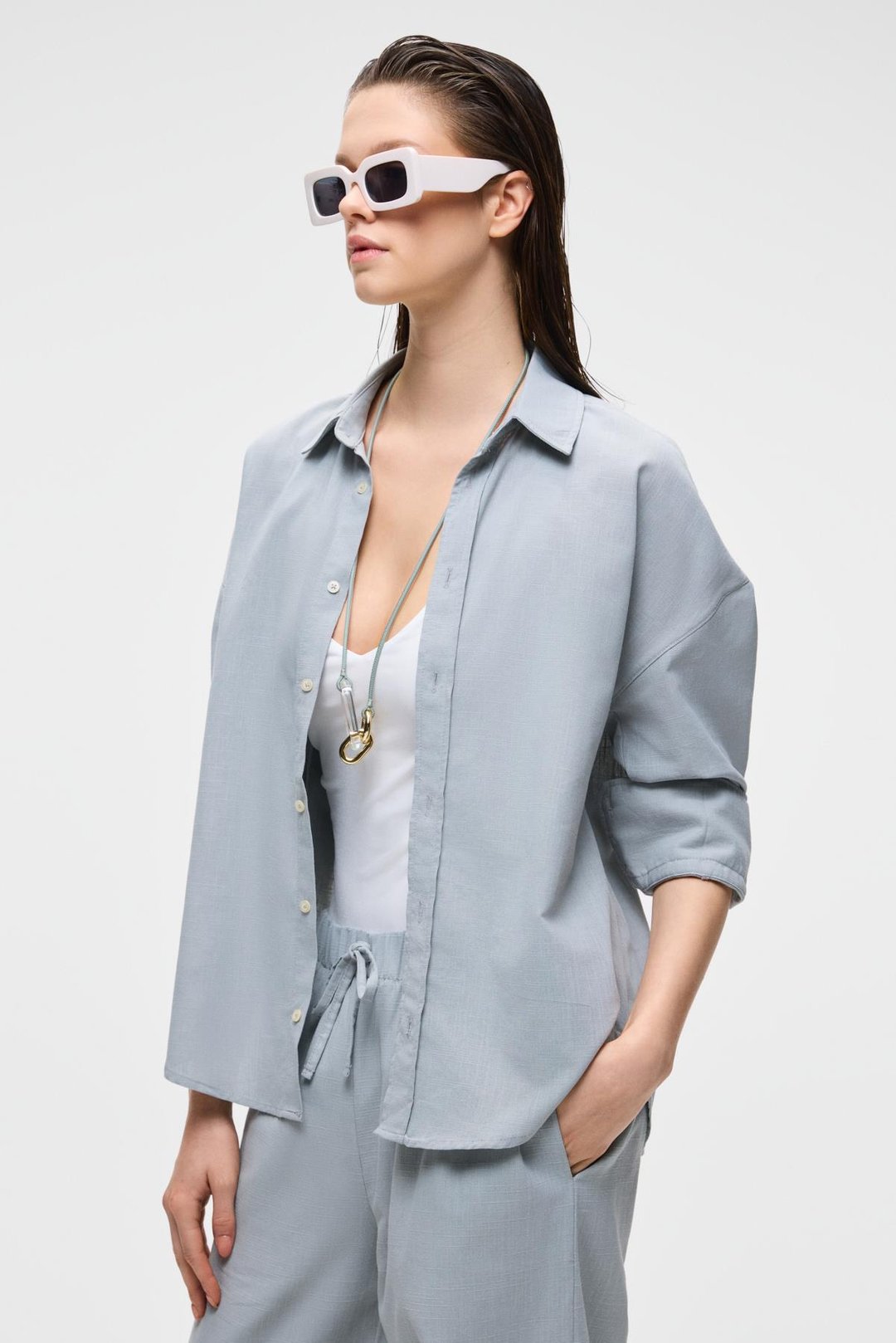 VESTA Kadın %100 Pamuk Keten Görünümlü Flamlı Oversize Gri Gömlek