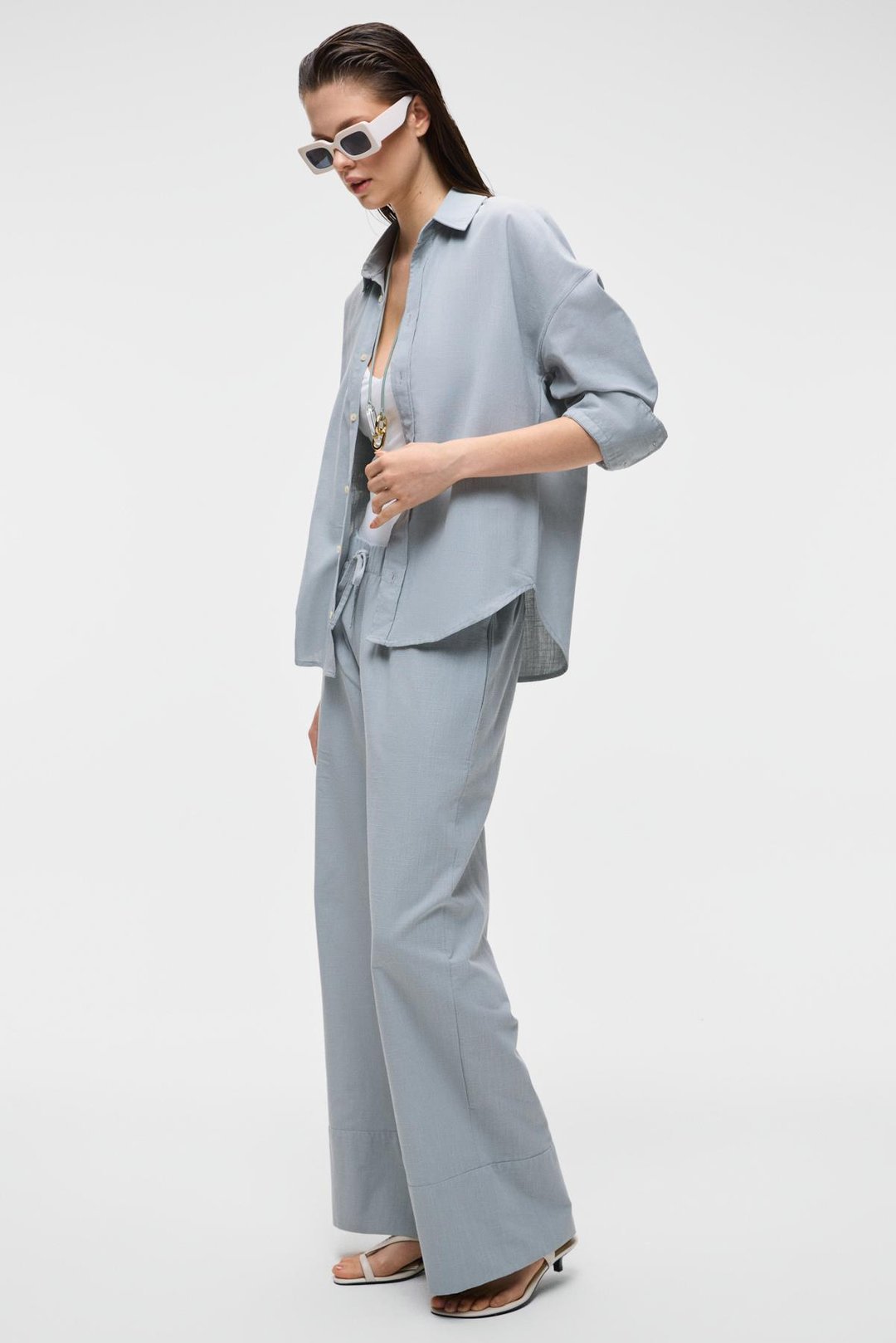 VESTA Kadın %100 Pamuk Keten Görünümlü Flamlı Oversize Gri Gömlek