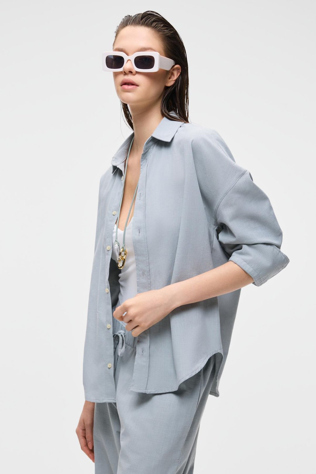 VESTA Kadın %100 Pamuk Keten Görünümlü Flamlı Oversize Gri Gömlek