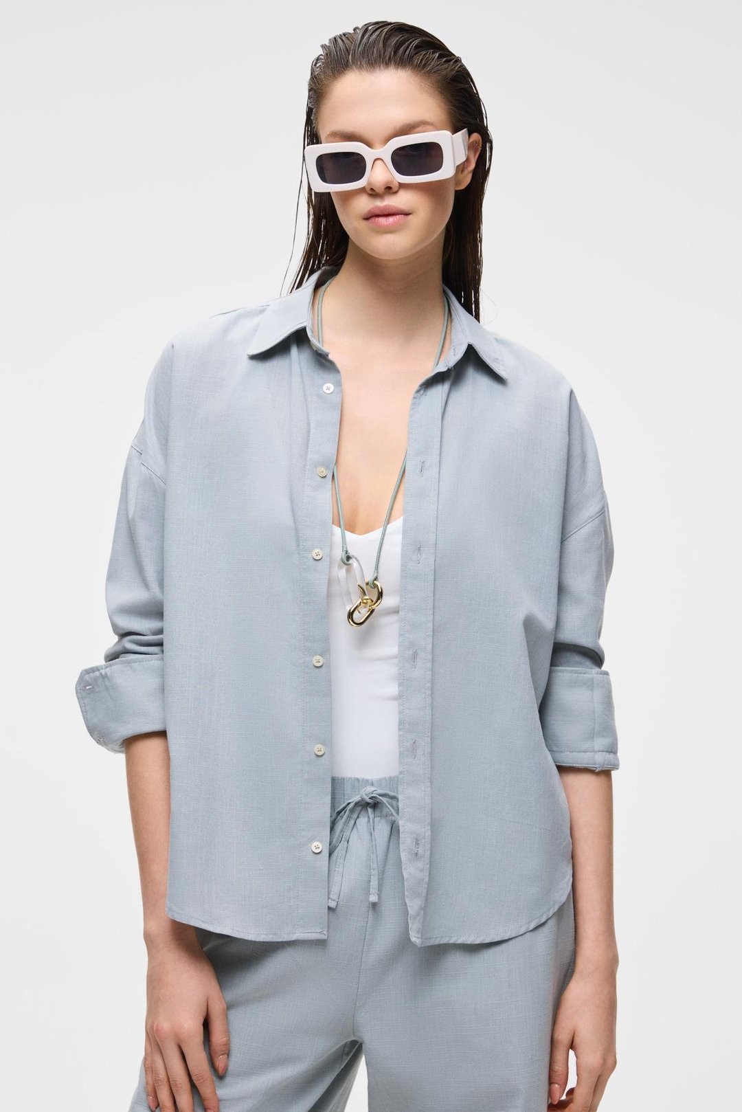 VESTA Kadın %100 Pamuk Keten Görünümlü Flamlı Oversize Gri Gömlek