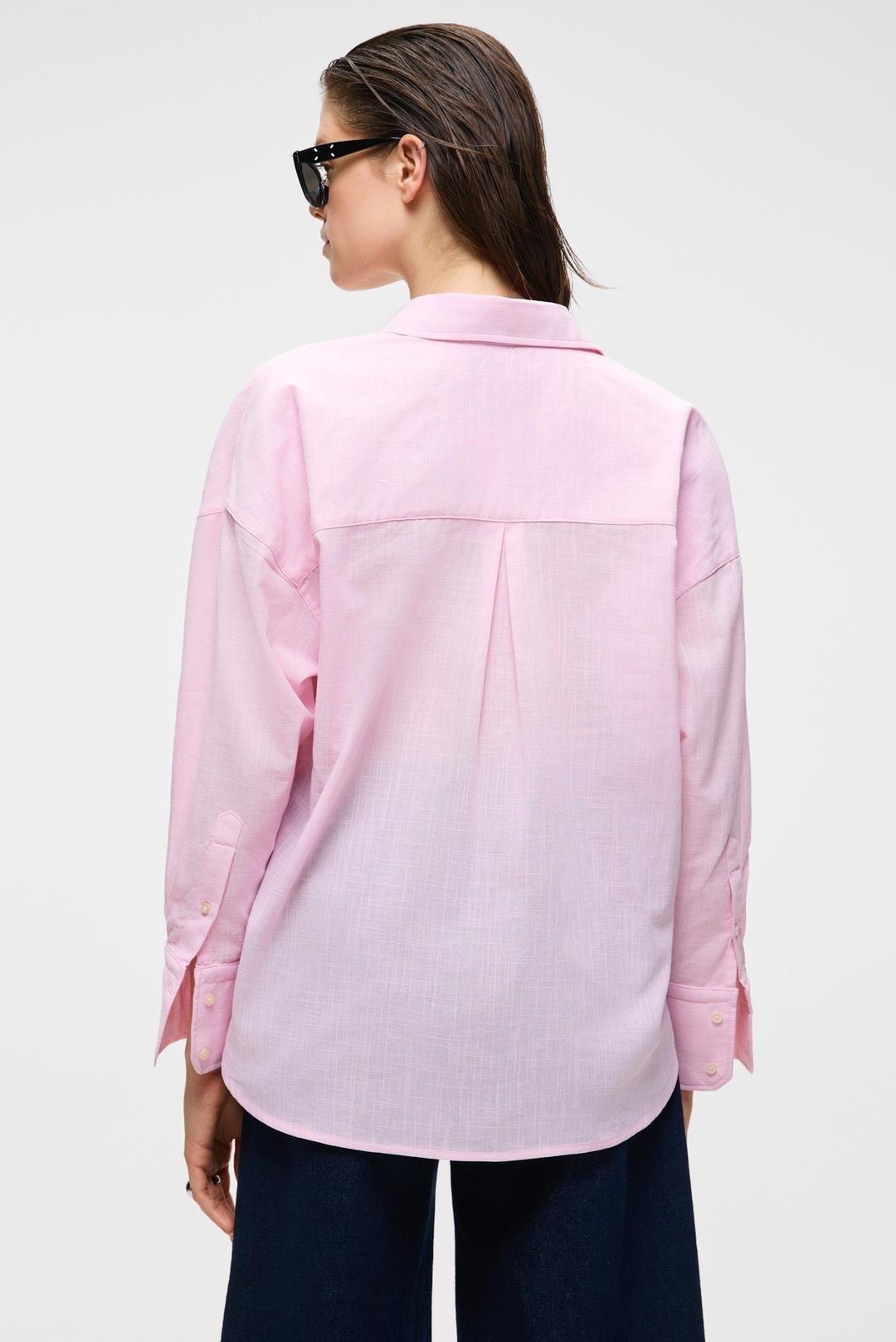 VESTA Kadın %100 Pamuk Keten Görünümlü Flamlı Oversize Pembe Gömlek