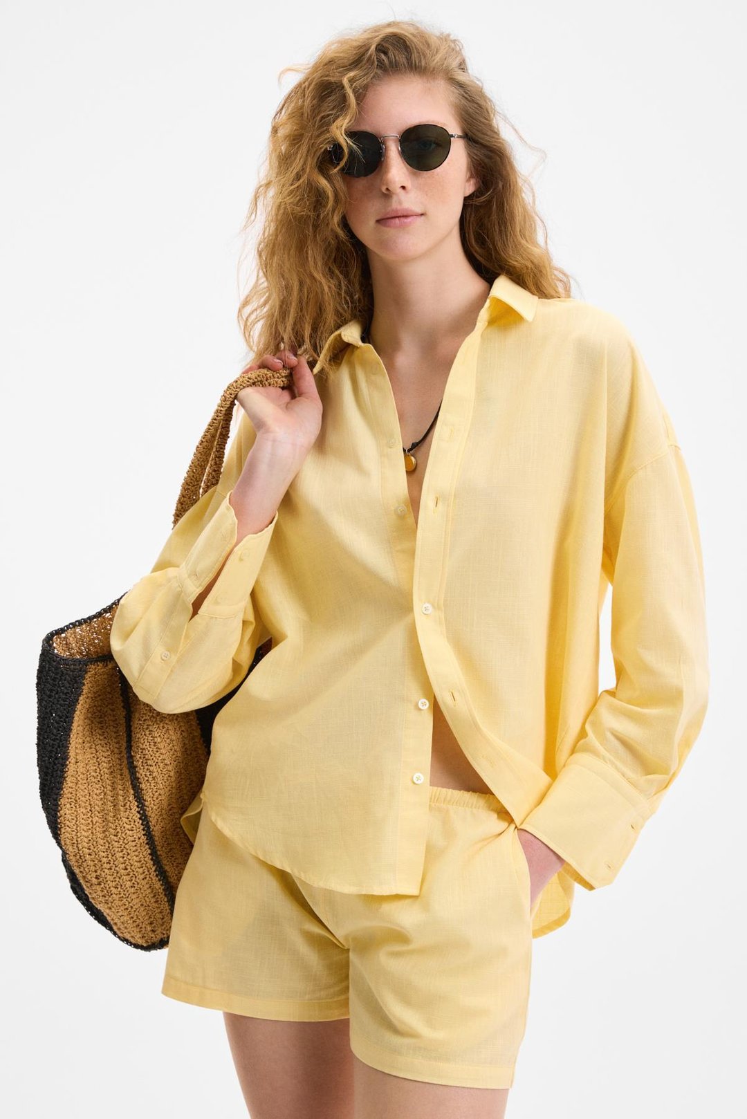 VESTA Kadın %100 Pamuk Keten Görünümlü Flamlı Oversize Sarı Gömlek