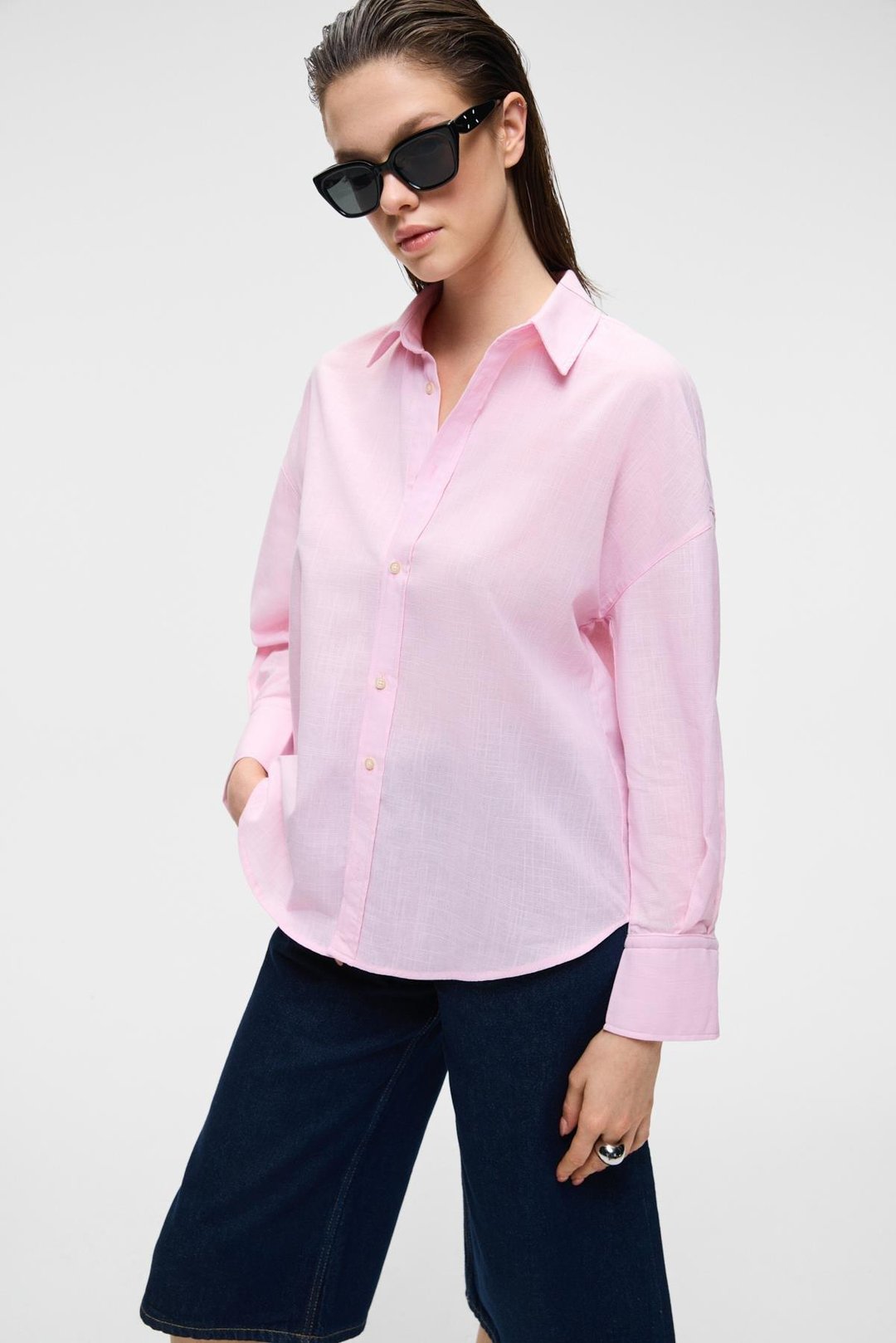 VESTA Kadın %100 Pamuk Keten Görünümlü Flamlı Oversize Pembe Gömlek