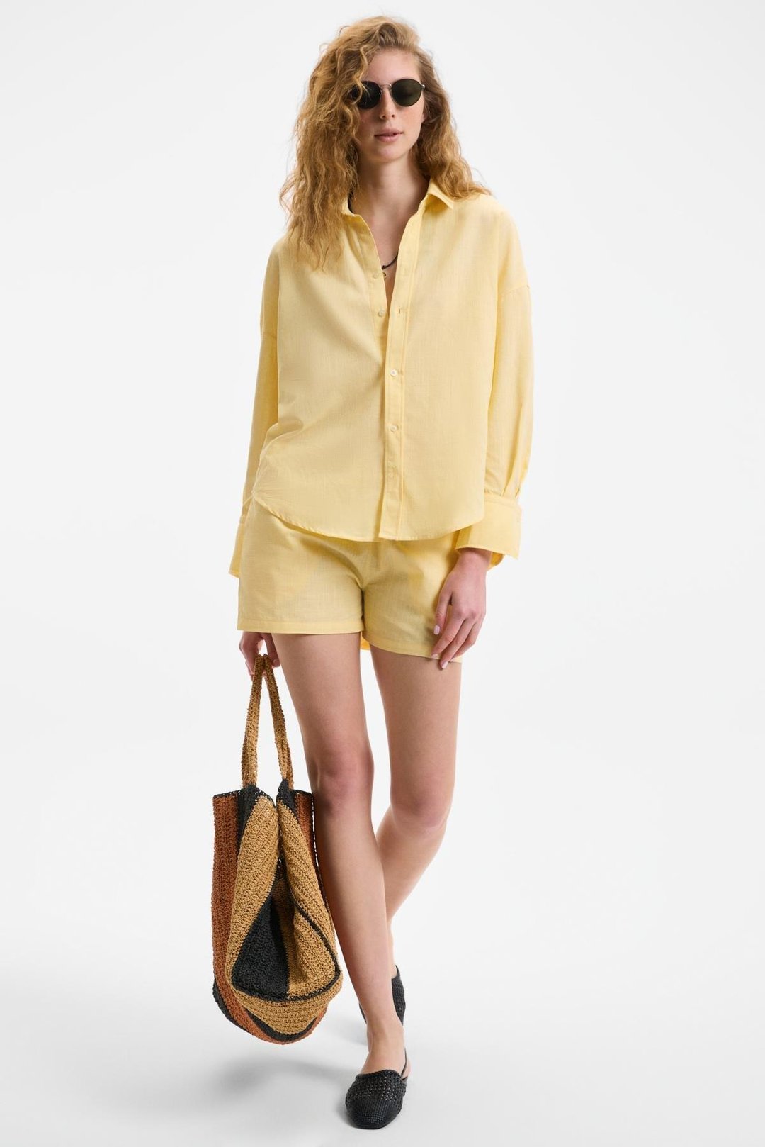 VESTA Kadın %100 Pamuk Keten Görünümlü Flamlı Oversize Sarı Gömlek