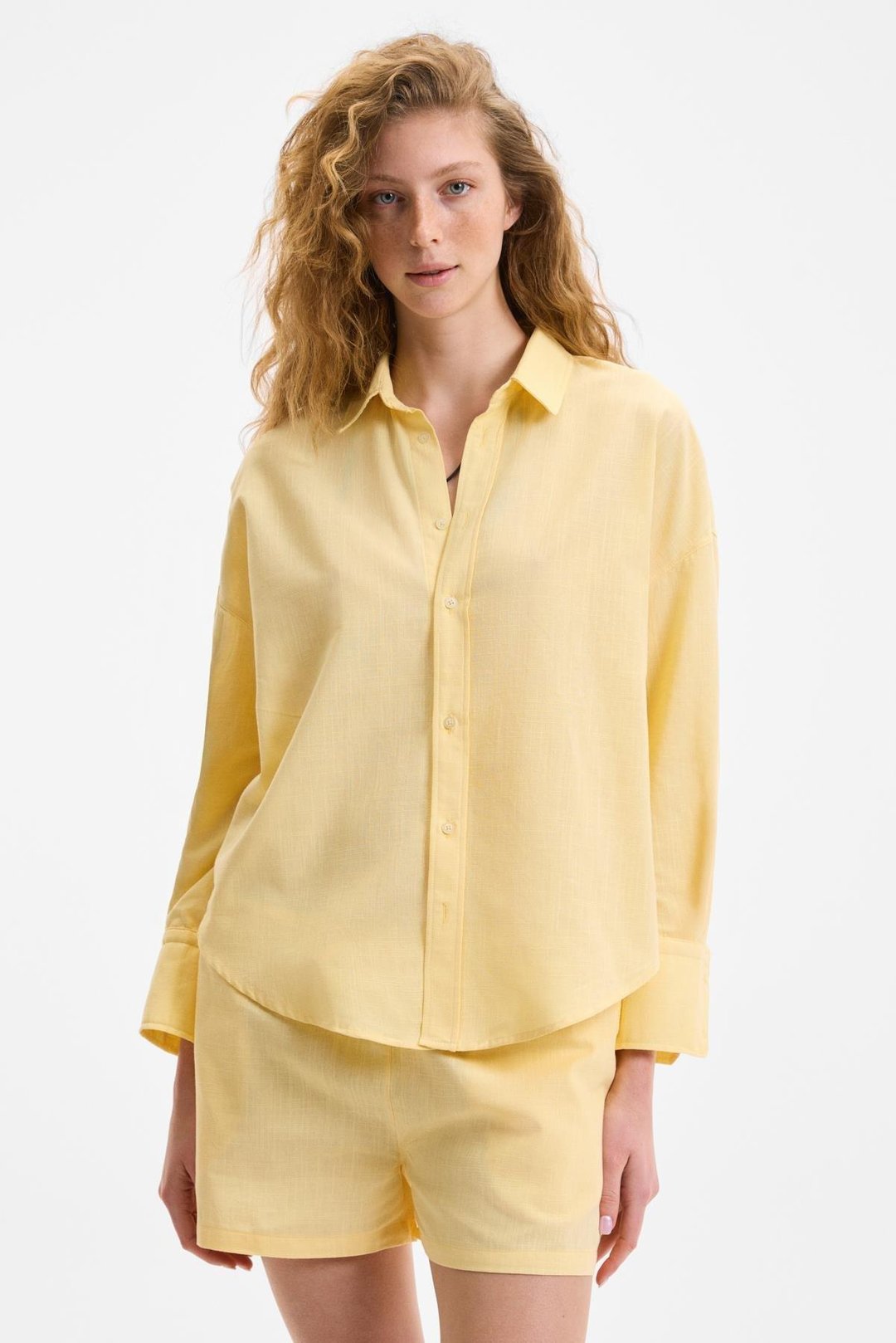 VESTA Kadın %100 Pamuk Keten Görünümlü Flamlı Oversize Sarı Gömlek