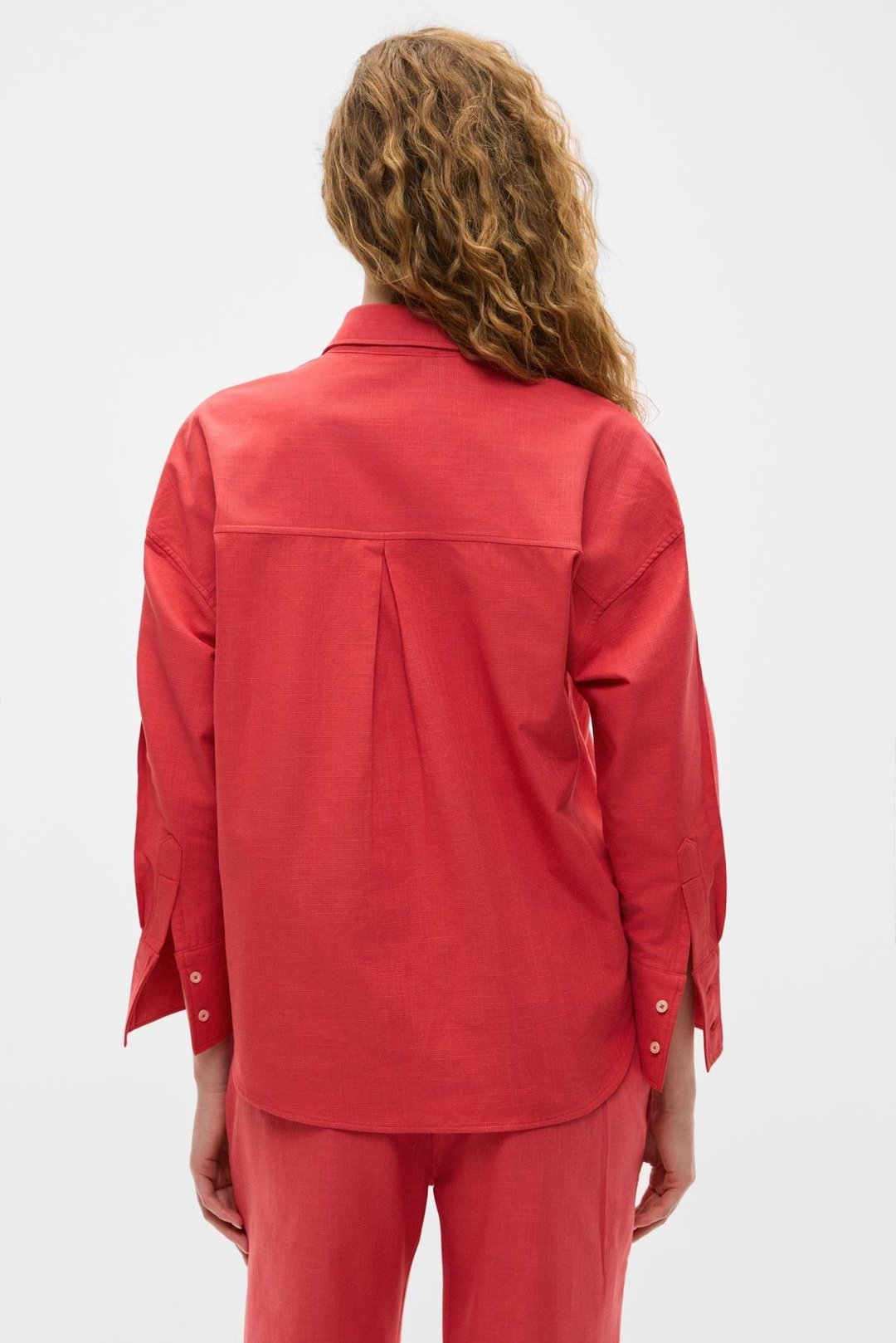 VESTA Kadın %100 Pamuk Keten Görünümlü Flamlı Oversize Kırmızı Gömlek