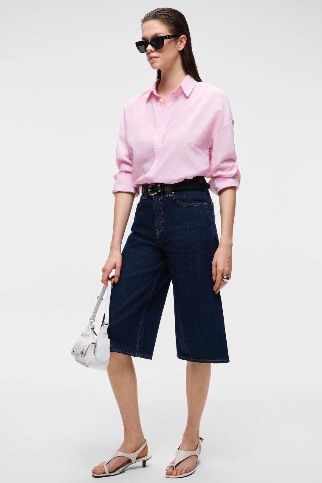 VESTA Kadın %100 Pamuk Keten Görünümlü Flamlı Oversize Pembe Gömlek