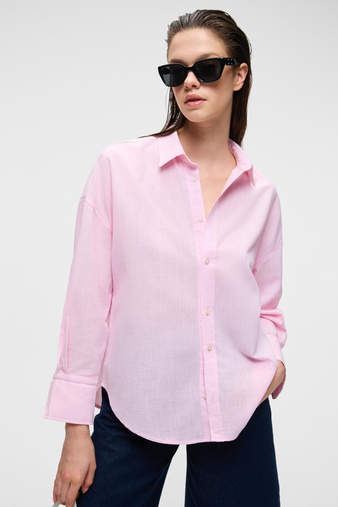 VESTA Kadın %100 Pamuk Keten Görünümlü Flamlı Oversize Pembe Gömlek