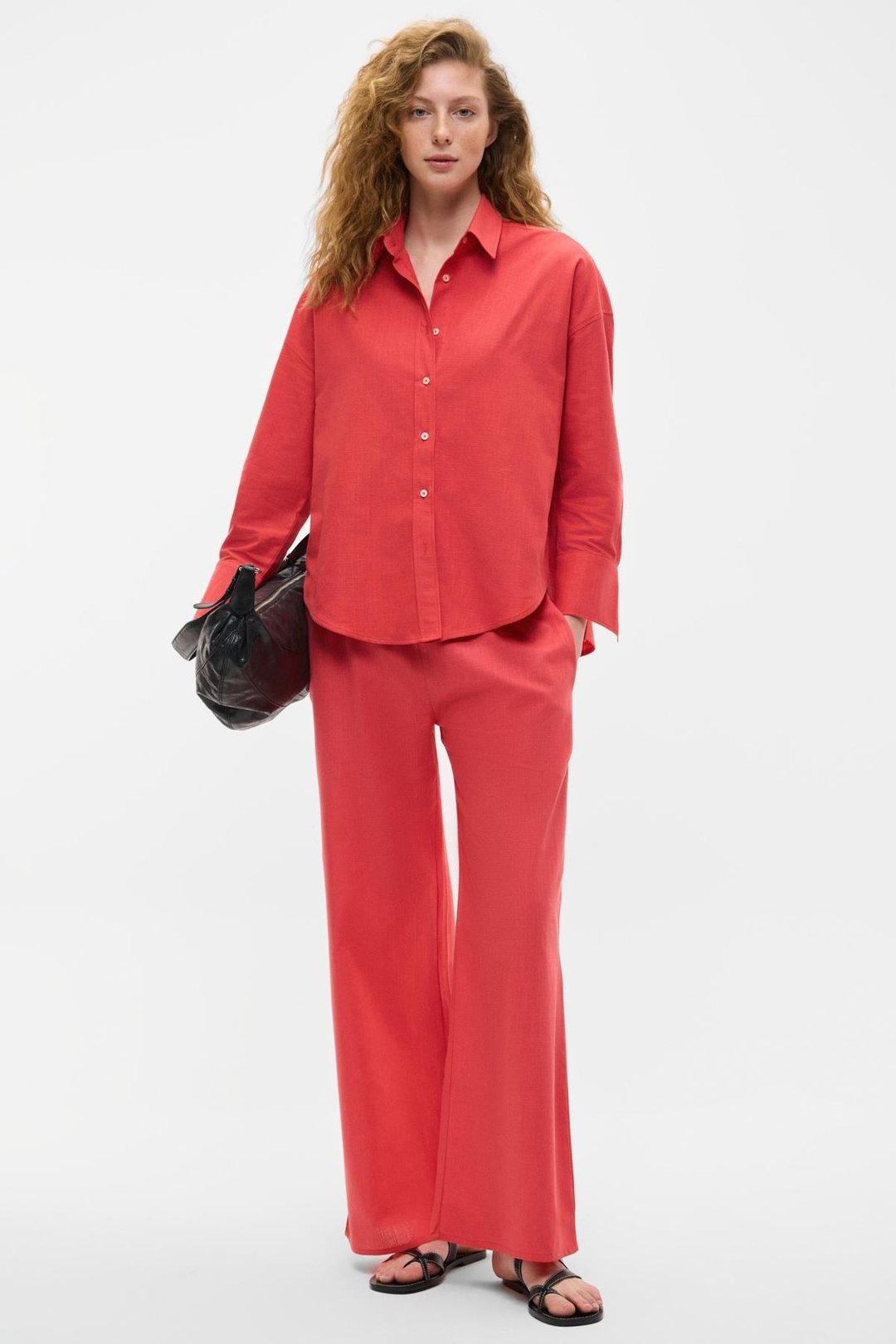 VESTA Kadın %100 Pamuk Keten Görünümlü Flamlı Oversize Kırmızı Gömlek