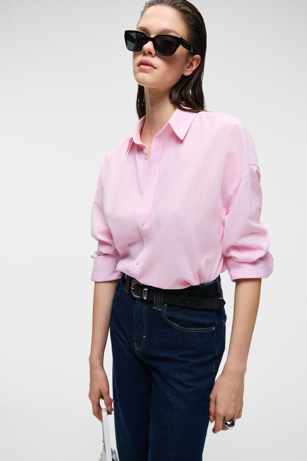 VESTA Kadın %100 Pamuk Keten Görünümlü Flamlı Oversize Pembe Gömlek