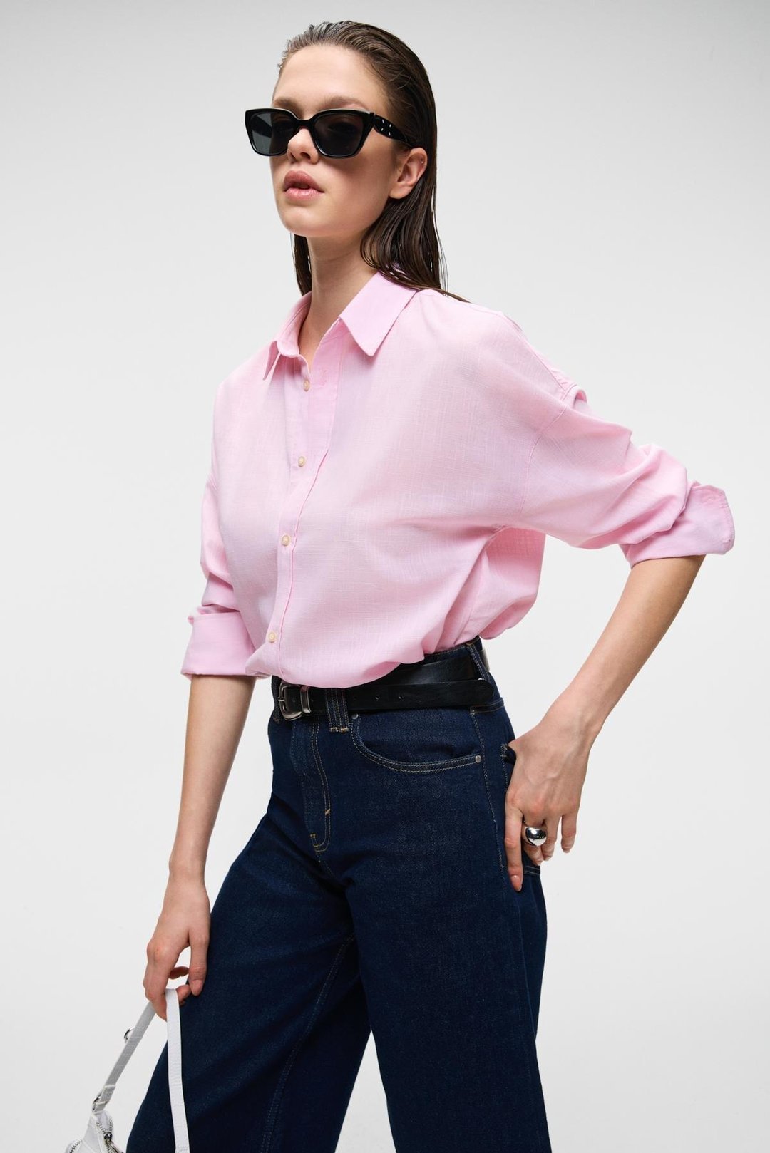 VESTA Kadın %100 Pamuk Keten Görünümlü Flamlı Oversize Pembe Gömlek