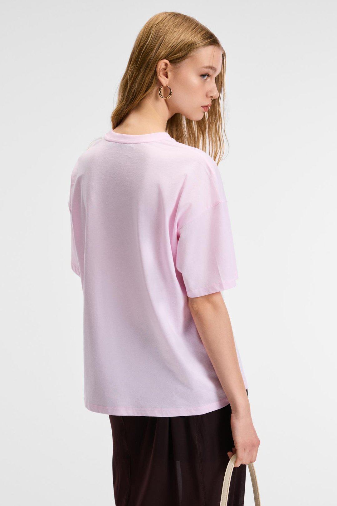 VEYMIRA Kadın %100 Pamuk Bisiklet Yaka Kısa Kollu Oversize Fit Pembe T-Shirt