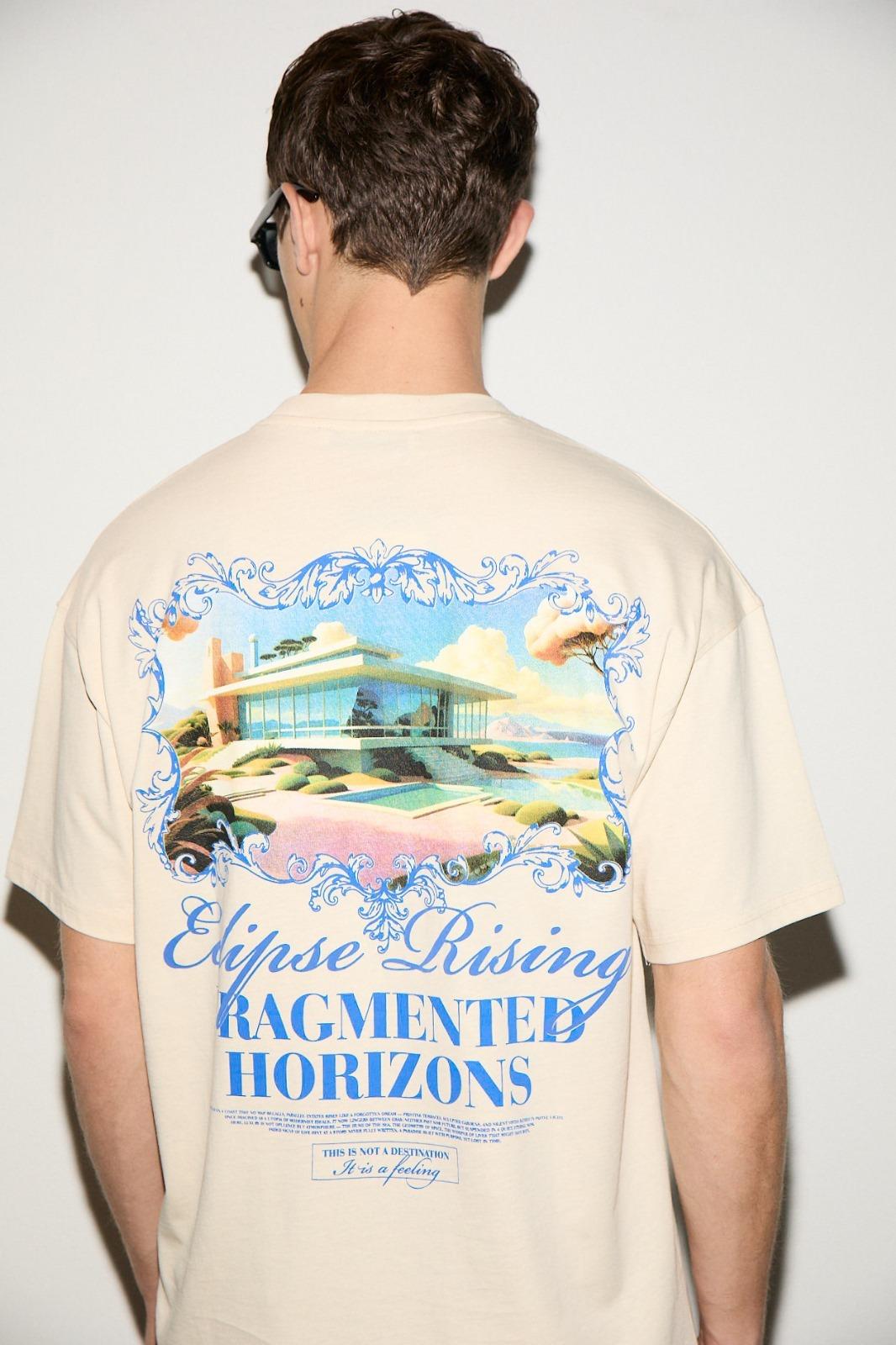 VEYRON Erkek %100 Pamuk Oversize Fit Baskılı Kısa Kollu Yuvarlak Yakalı Vanilya T-Shirt