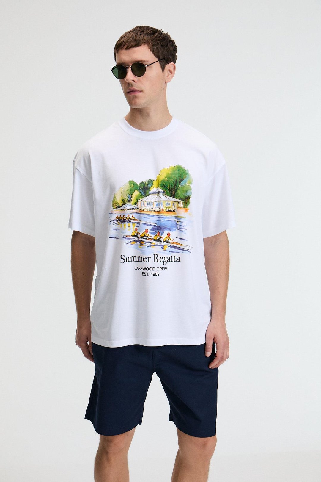 VEYRON Erkek %100 Pamuk Oversize Fit Baskılı Kısa Kollu Yuvarlak Yakalı Beyaz T-Shirt