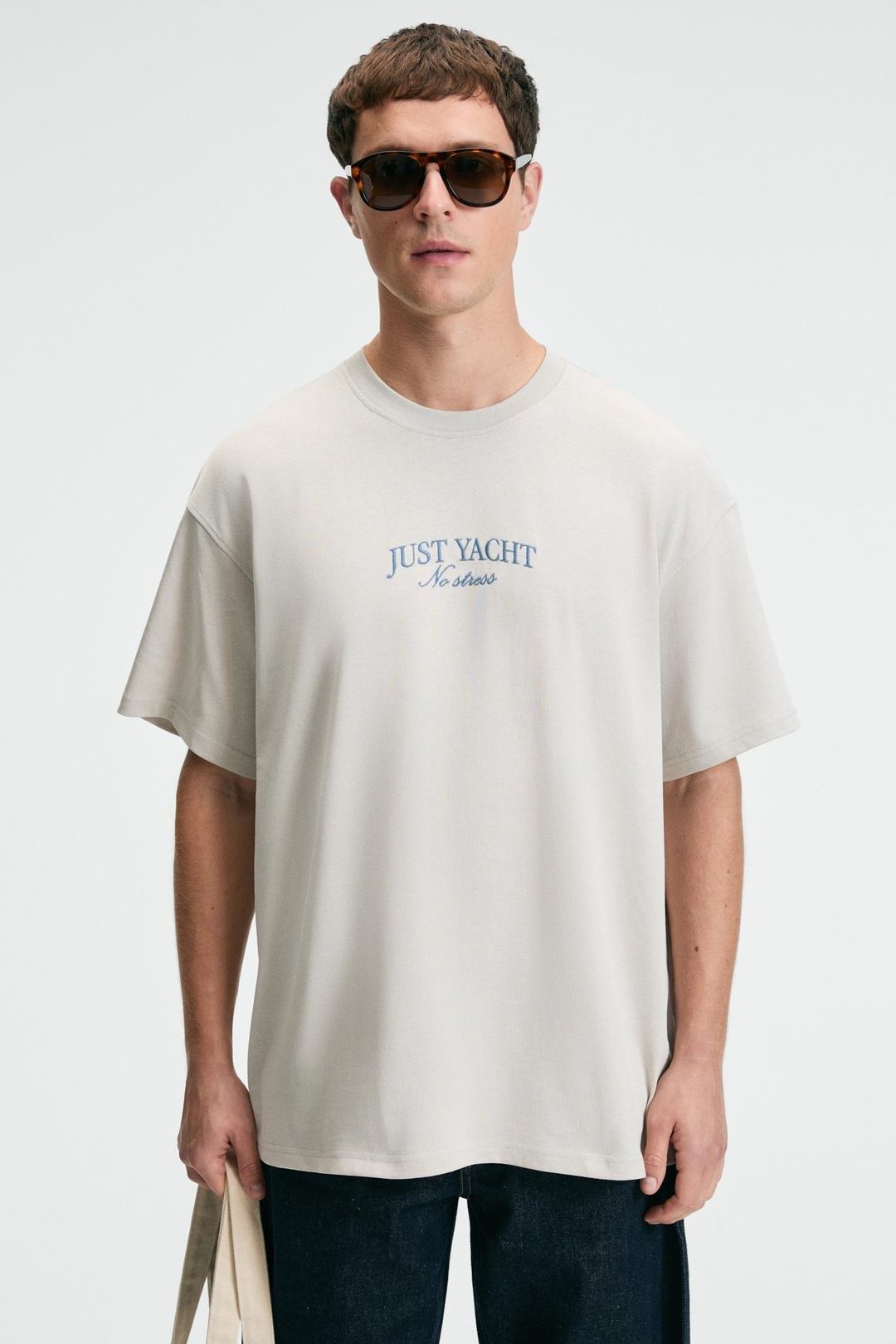 VEYRON Erkek %100 Pamuk Oversize Fit Baskılı Kısa Kollu Yuvarlak Yakalı Bej T-Shirt