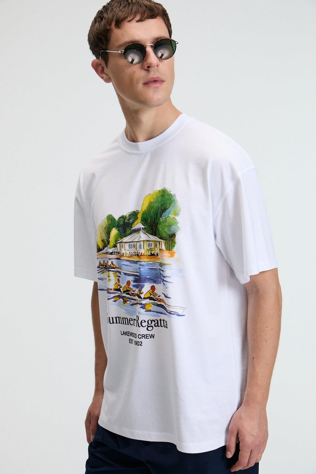 VEYRON Erkek %100 Pamuk Oversize Fit Baskılı Kısa Kollu Yuvarlak Yakalı Beyaz T-Shirt