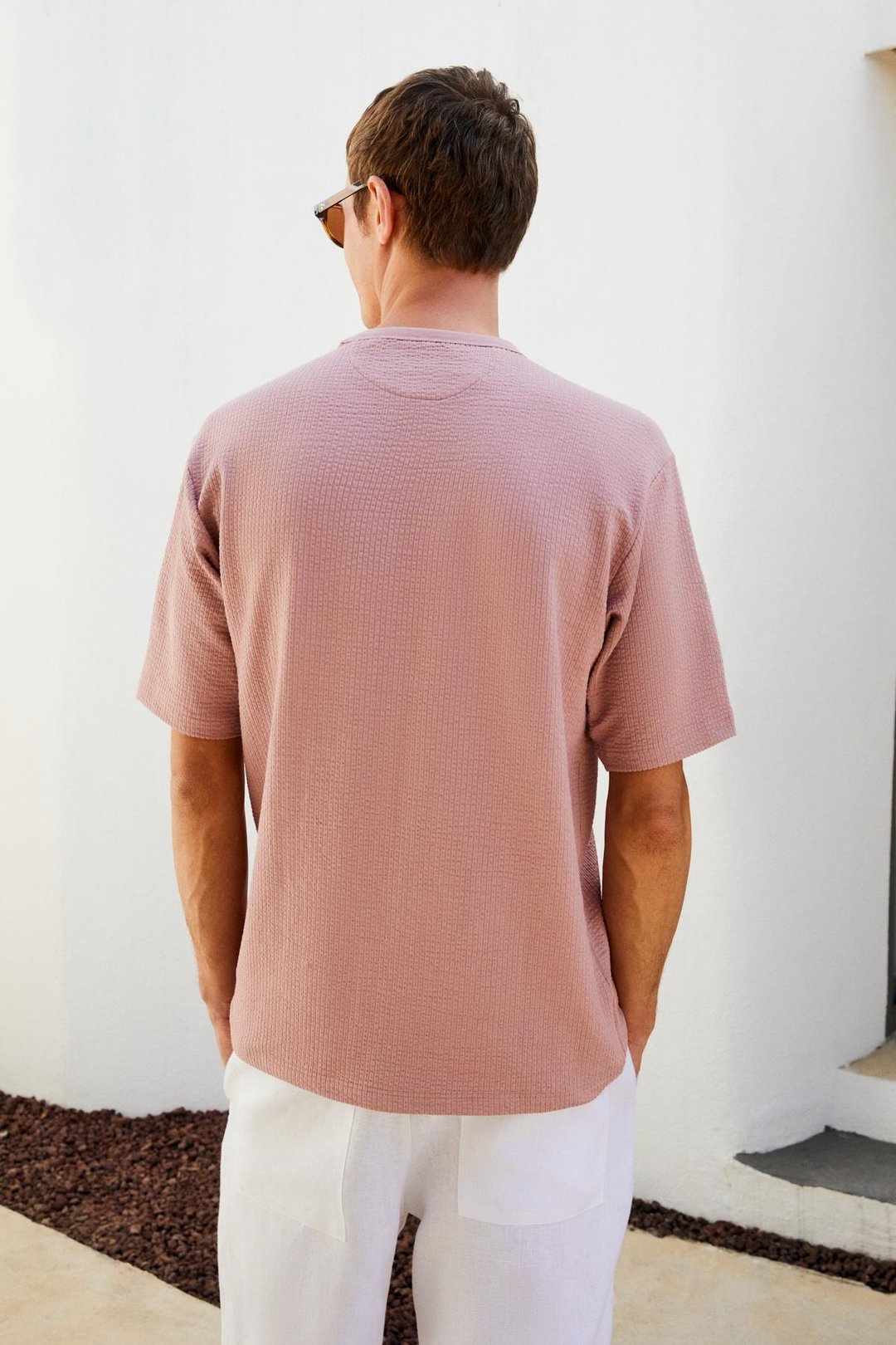 VINTAGE Erkek Kısa Kollu Yuvarlak Yaka Dokulu Gofre Kumaş Regular Fit Pembe T-Shirt