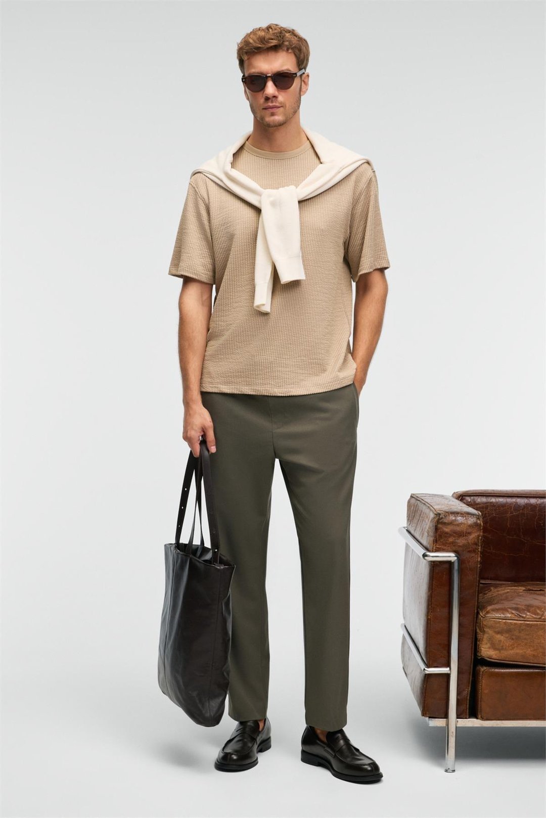 VINTAGE Erkek Kısa Kollu Yuvarlak Yaka Dokulu Gofre Kumaş Regular Fit Bej T-Shirt