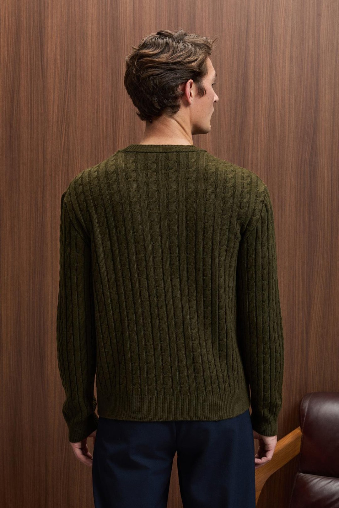 VINTLACE Erkek Yuvarlak Yaka Saç Örgü Desenli Regular Fit Triko Haki Kazak