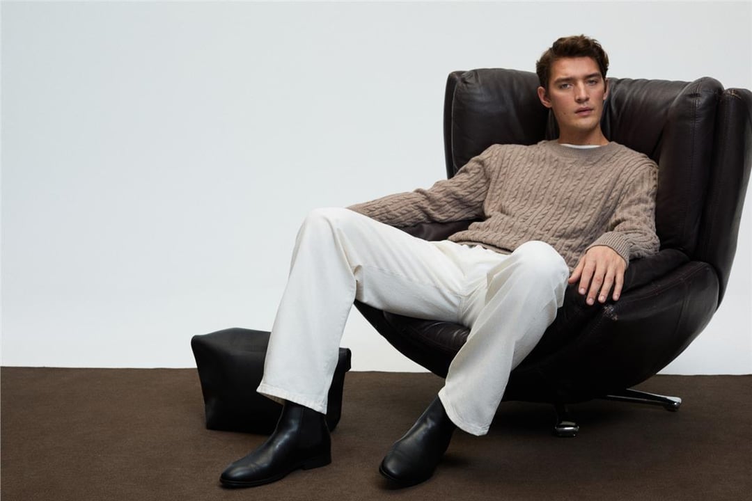 VINTLACE Erkek Yuvarlak Yaka Saç Örgü Desenli Regular Fit Triko Bej Kazak