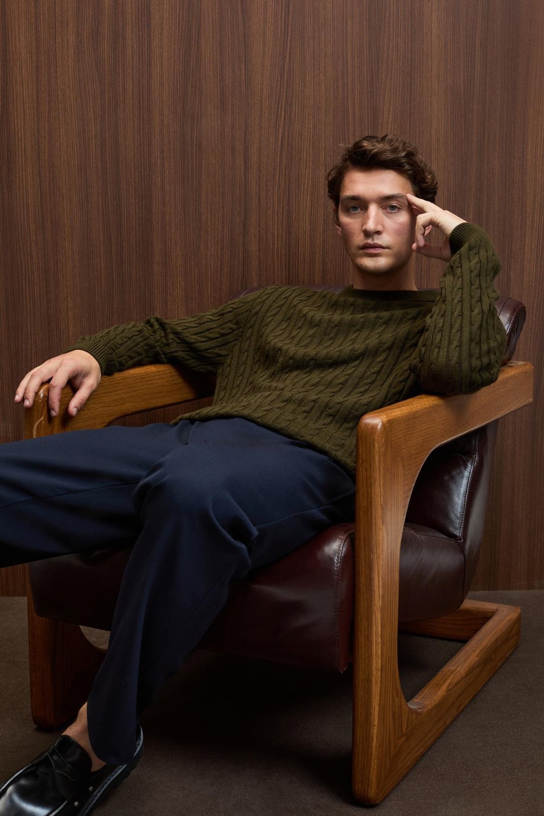 VINTLACE Erkek Yuvarlak Yaka Saç Örgü Desenli Regular Fit Triko Haki Kazak