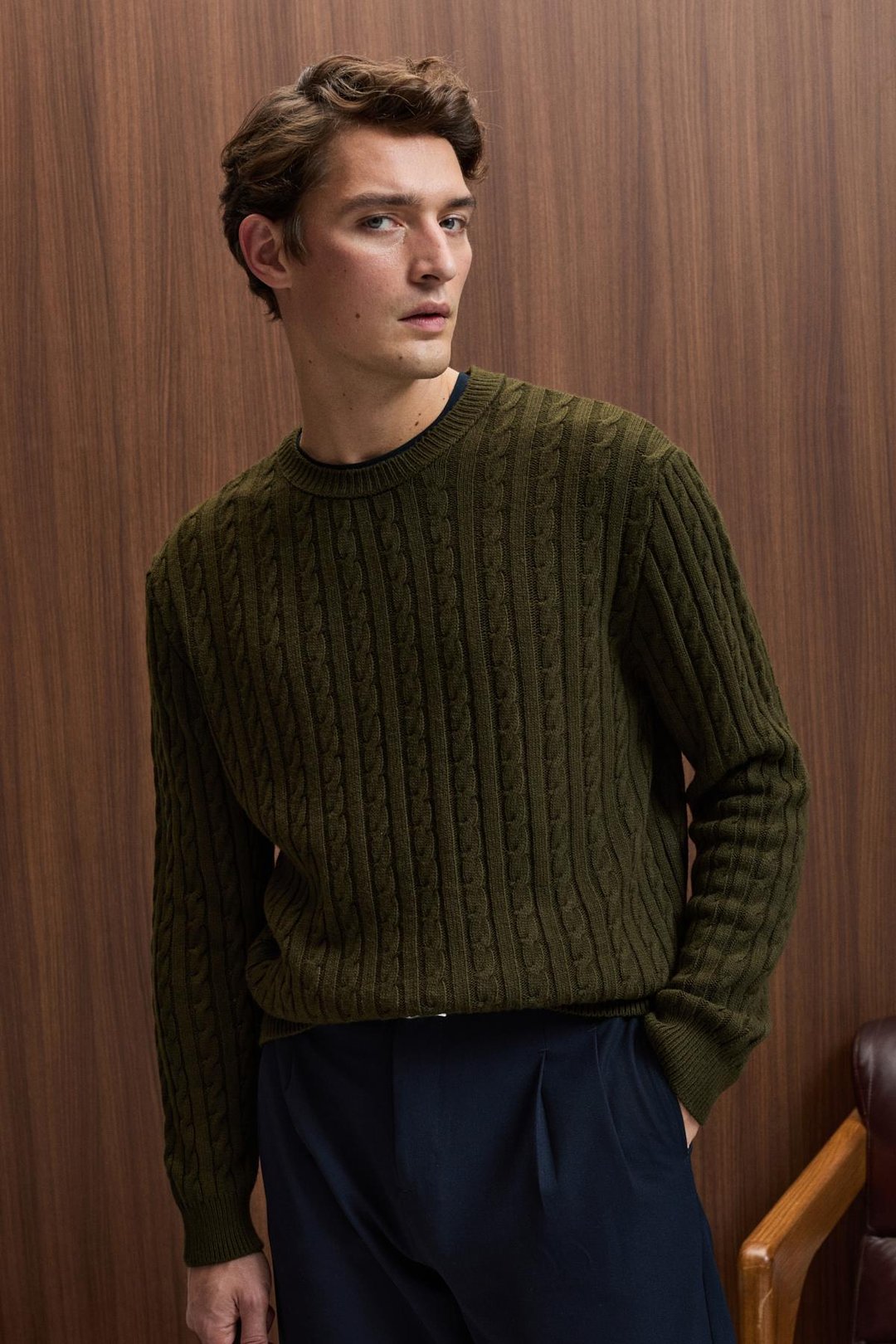 VINTLACE Erkek Yuvarlak Yaka Saç Örgü Desenli Regular Fit Triko Haki Kazak