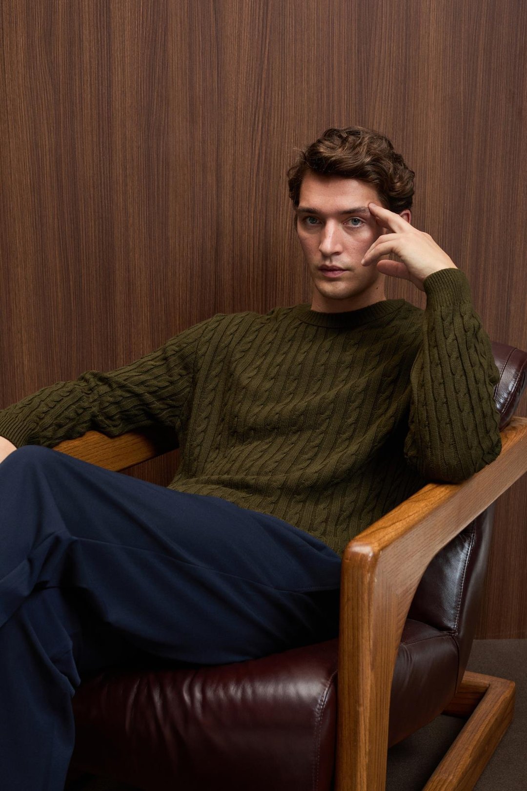 VINTLACE Erkek Yuvarlak Yaka Saç Örgü Desenli Regular Fit Triko Haki Kazak