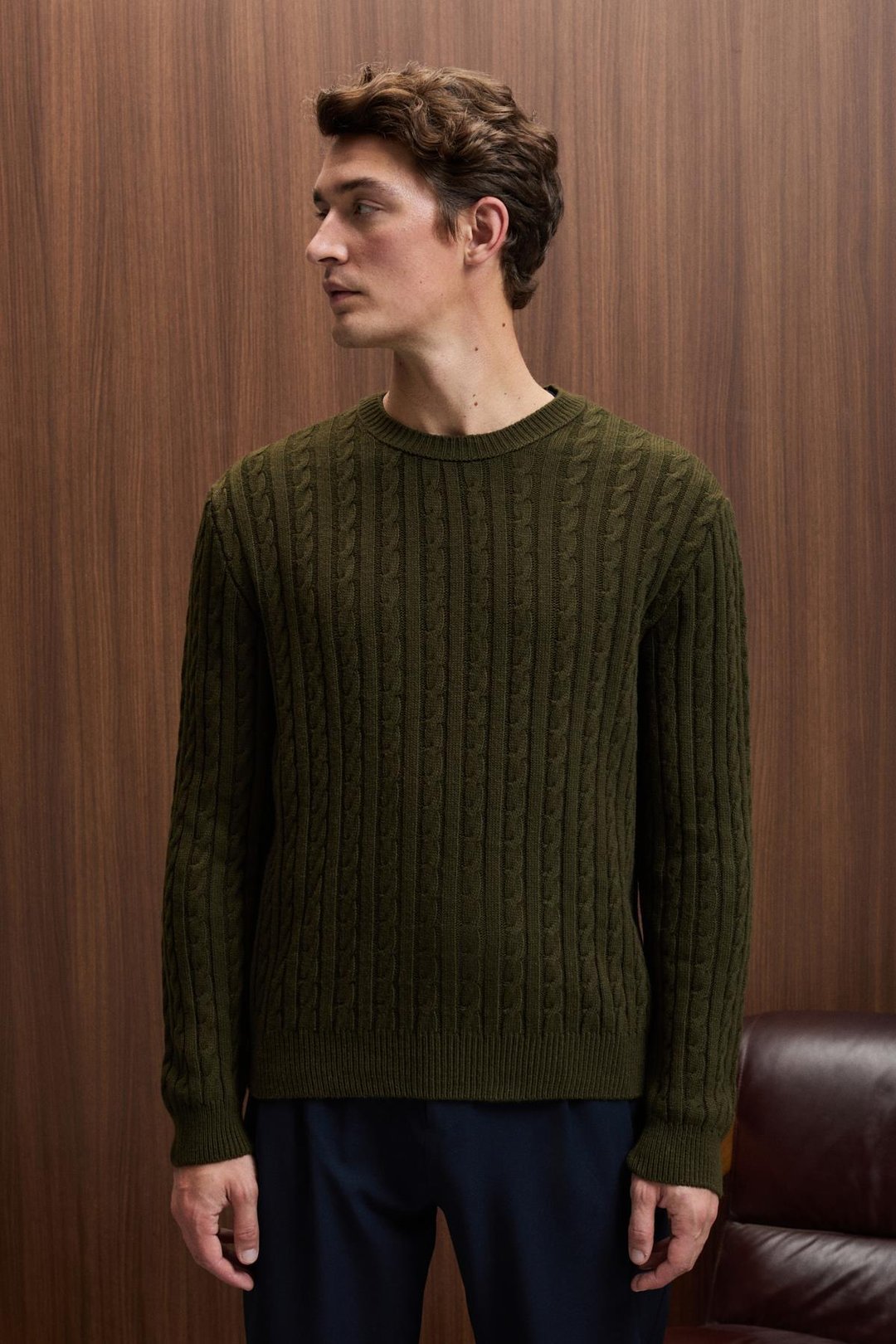 VINTLACE Erkek Yuvarlak Yaka Saç Örgü Desenli Regular Fit Triko Haki Kazak