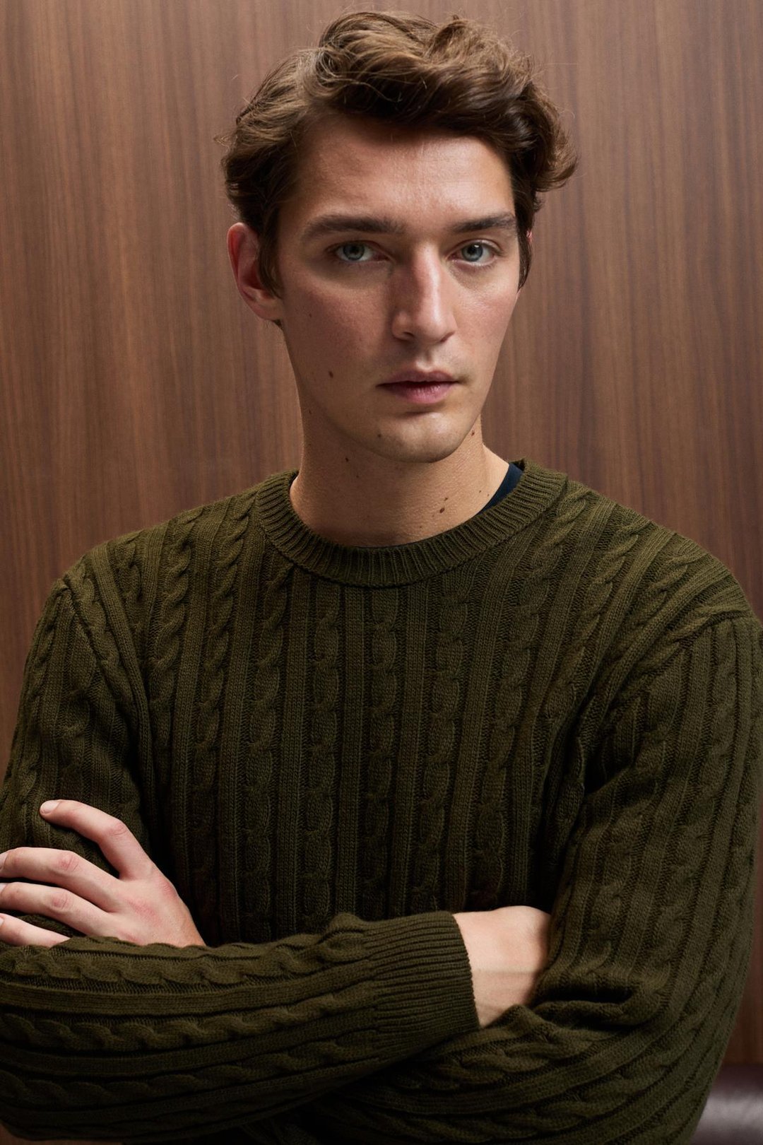 VINTLACE Erkek Yuvarlak Yaka Saç Örgü Desenli Regular Fit Triko Haki Kazak